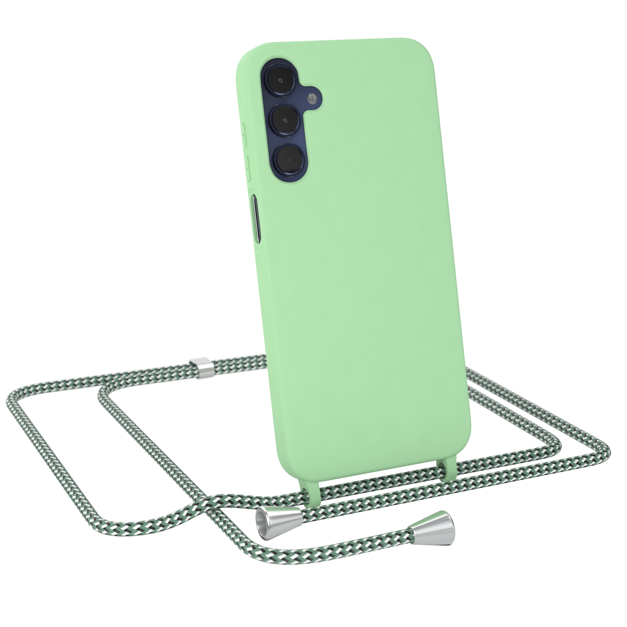 Grüne Handyhülle mit grün-weißem Umhängeband. Telefon ist in der Hülle.