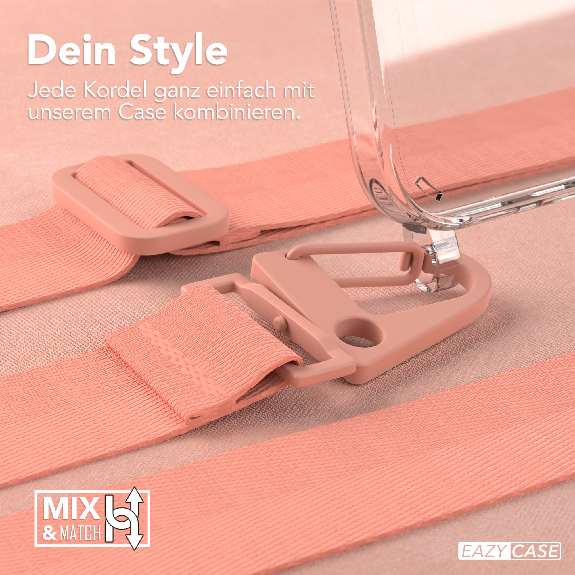 Nahaufnahme einer Handyhülle mit Riemen. Zwei Riemen sind zu sehen, die mit einer Hülle verbunden sind. EAZY CASE Logo.
