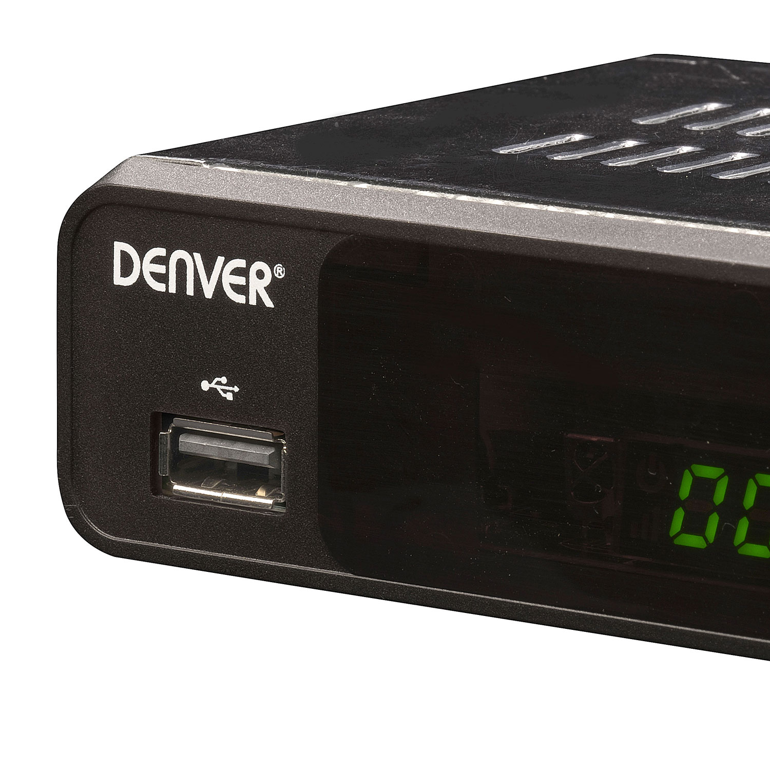 Eine schwarze Denver Set-Top-Box. Sie hat einen USB-Anschluss und eine grüne Anzeige mit der Zahl '00'.