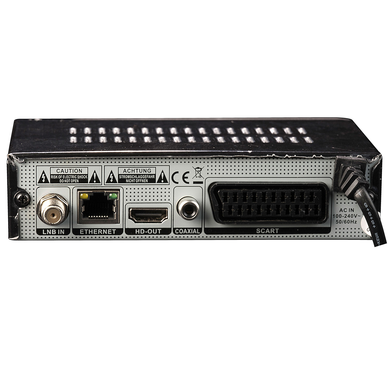 Schwarzes Gerät mit Anschlüssen. LNB IN, Ethernet, HD-OUT, COAXIAL, SCART und Stromeingang. Weißer Hintergrund.