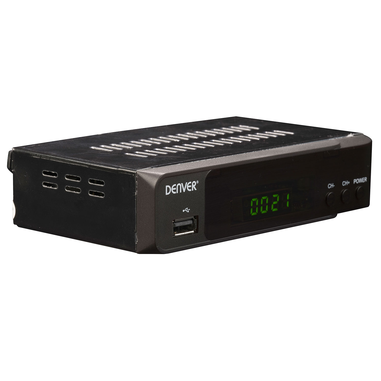 Ein schwarzer digitaler Empfänger mit USB-Anschluss und dem Markennamen „DENVER“ auf weißem Hintergrund.