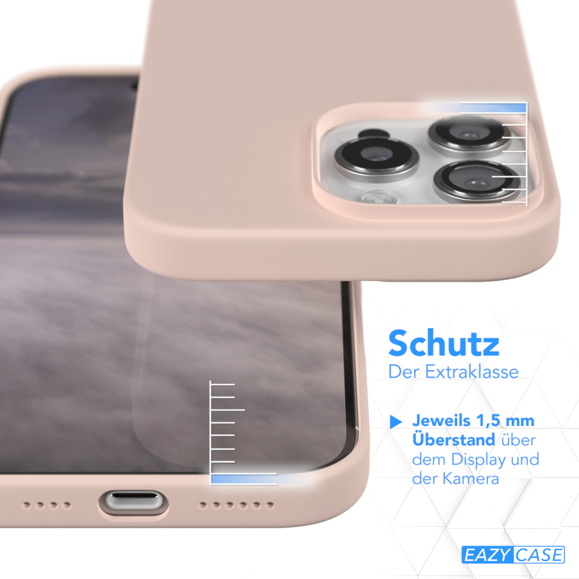 Rosa Handyhülle und ein Telefon mit Hülle, das Details des Hüllendesigns zeigt.