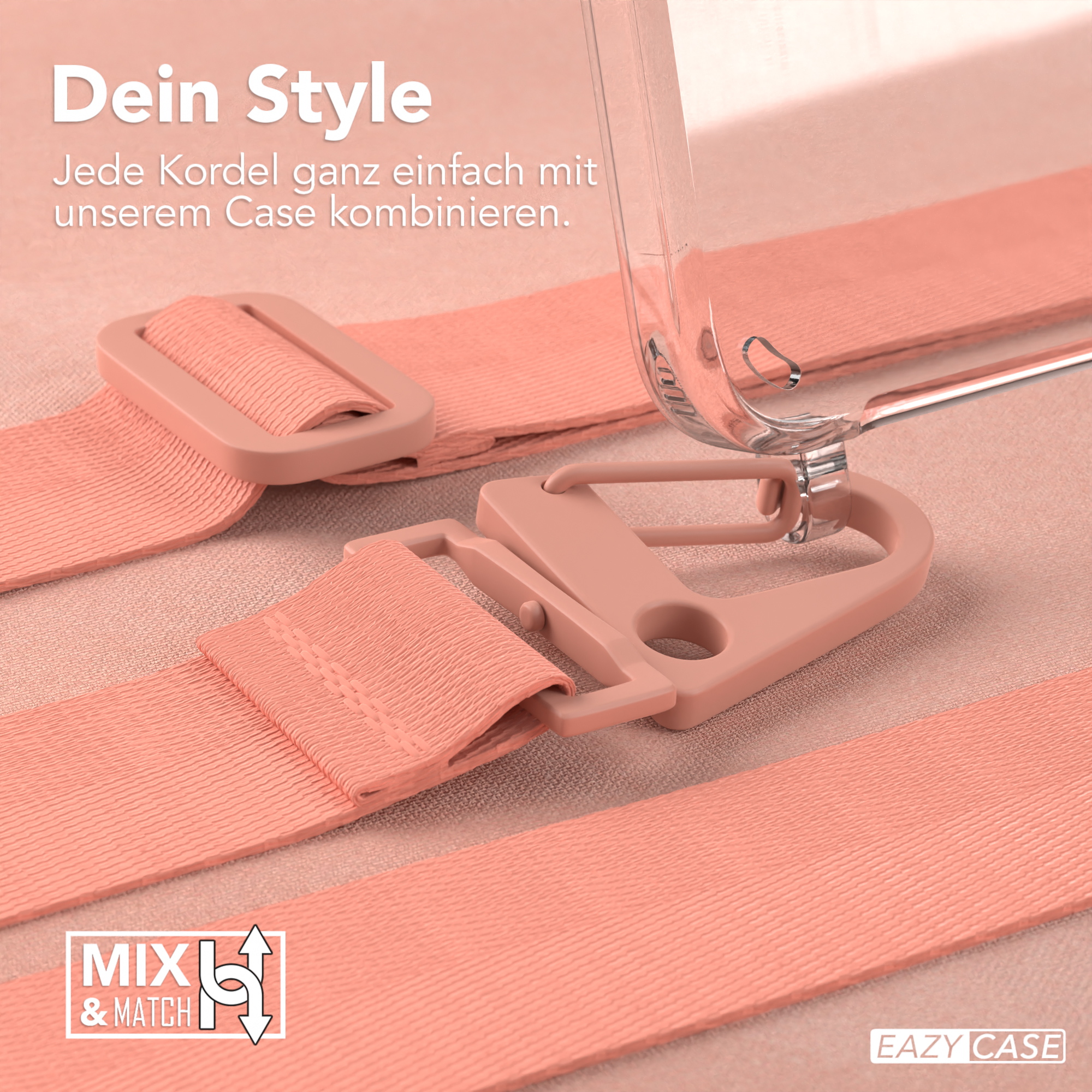 Transparente Handyhülle mit pfirsichfarbenem Gurt und goldfarbenen Verbindern.