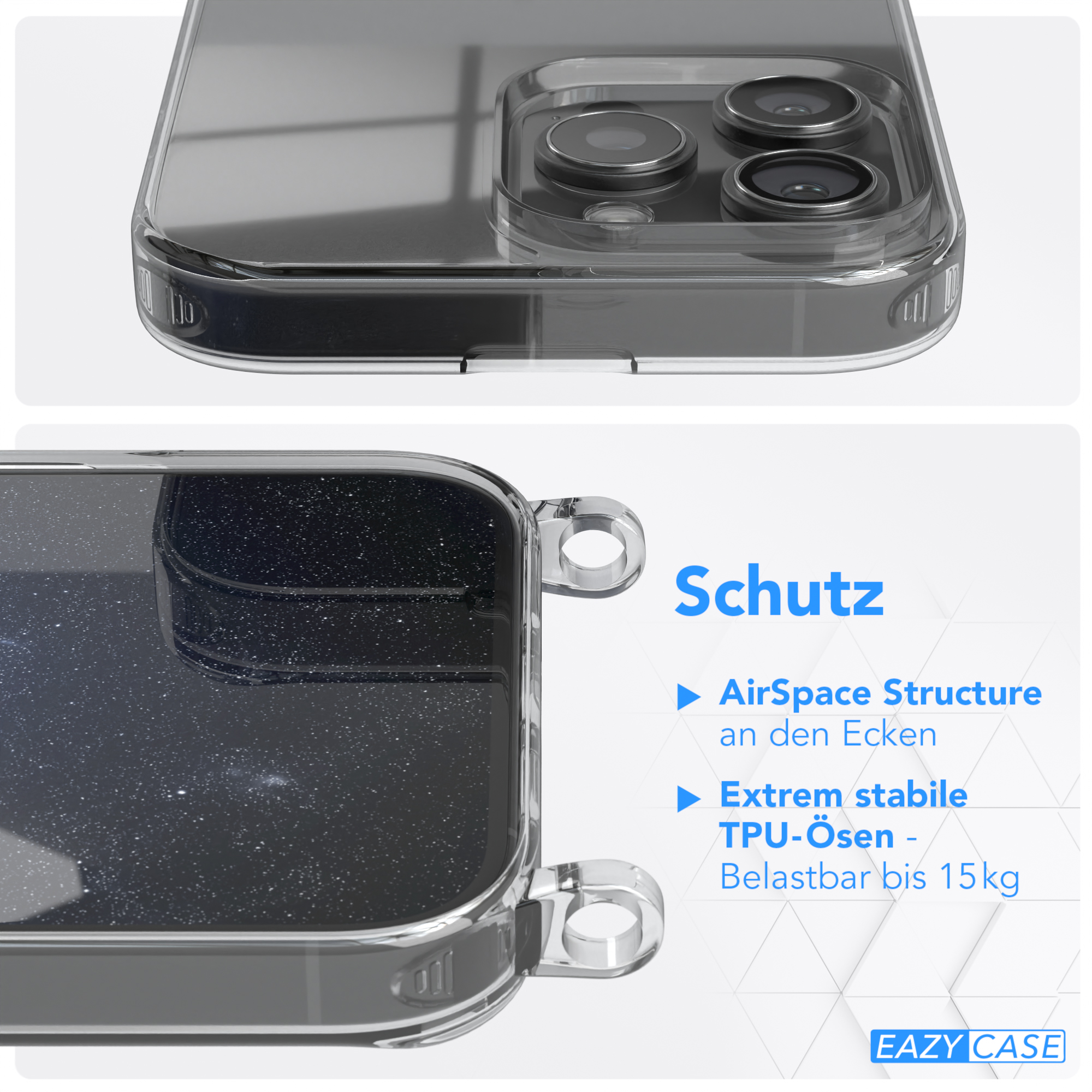 Nahaufnahme einer transparenten Handyhülle auf einem Telefon. Die Hülle hat Eckenschutz und Text.