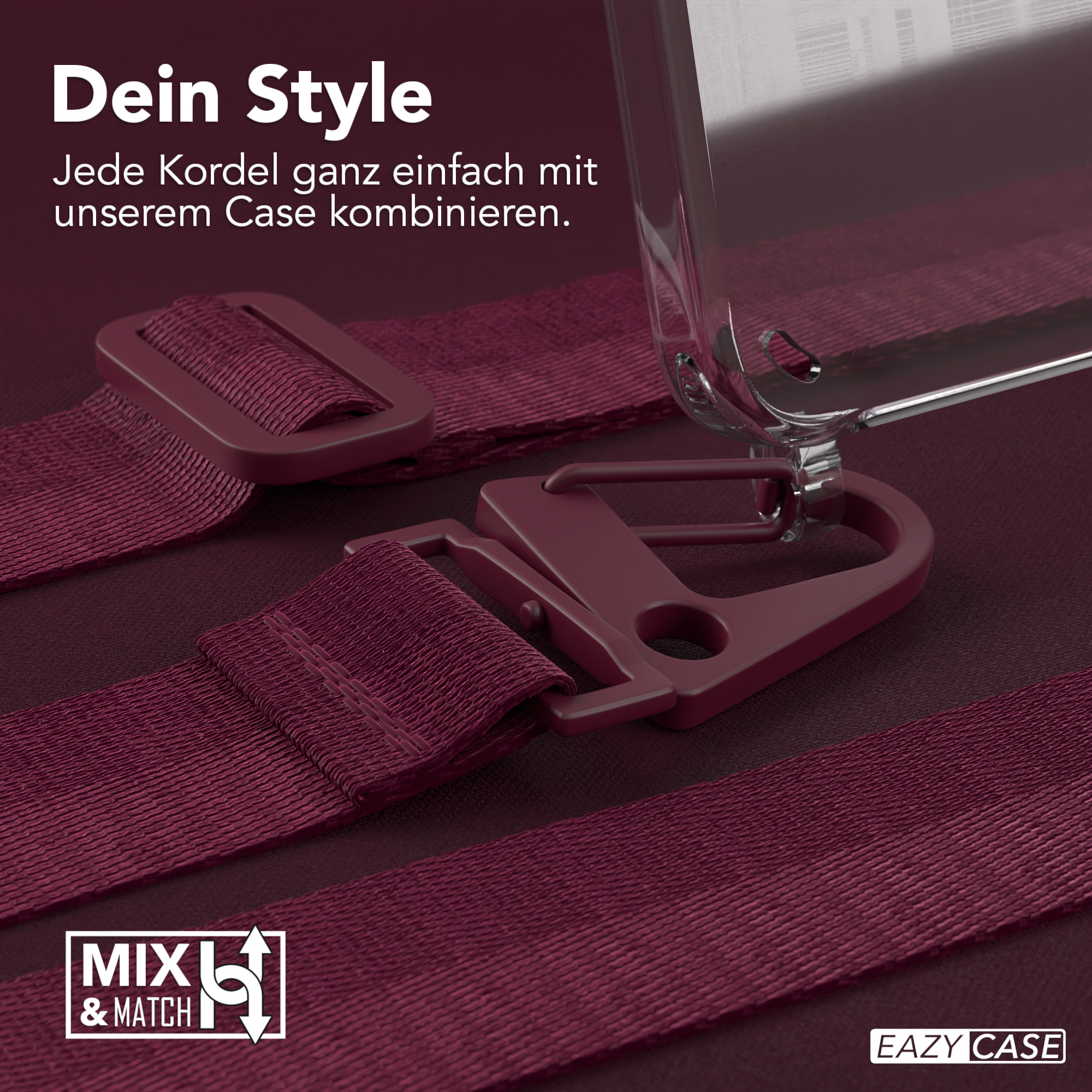 Nahaufnahme von weinroten Handystraps und einer transparenten Handyhülle mit Haken.
