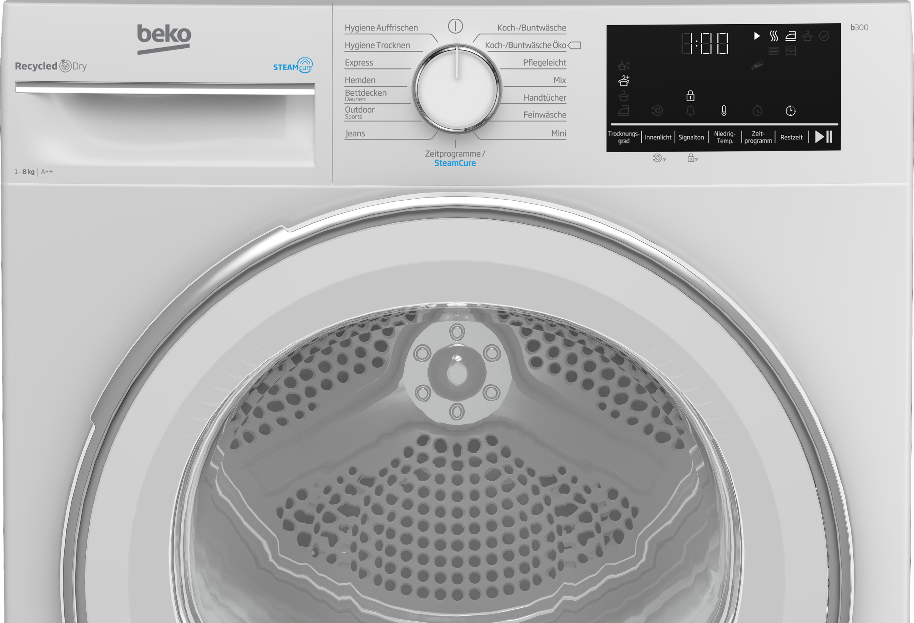 Nahaufnahme eines weißen Beko-Trockner-Bedienfelds. Enthält einen Drehknopf, Tasten und eine Digitalanzeige.