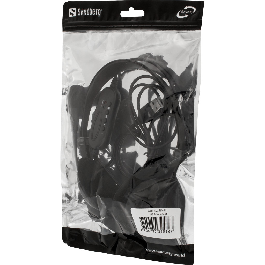 Zestaw słuchawkowy w przezroczystej plastikowej torbie. Tekst: Zestaw słuchawkowy USB i kilka kodów kreskowych.