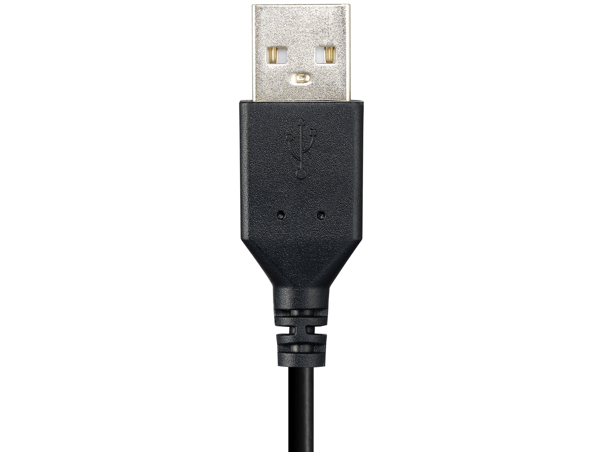 Tête de câble USB. Le connecteur est noir, sur fond blanc. Le câble est également noir.