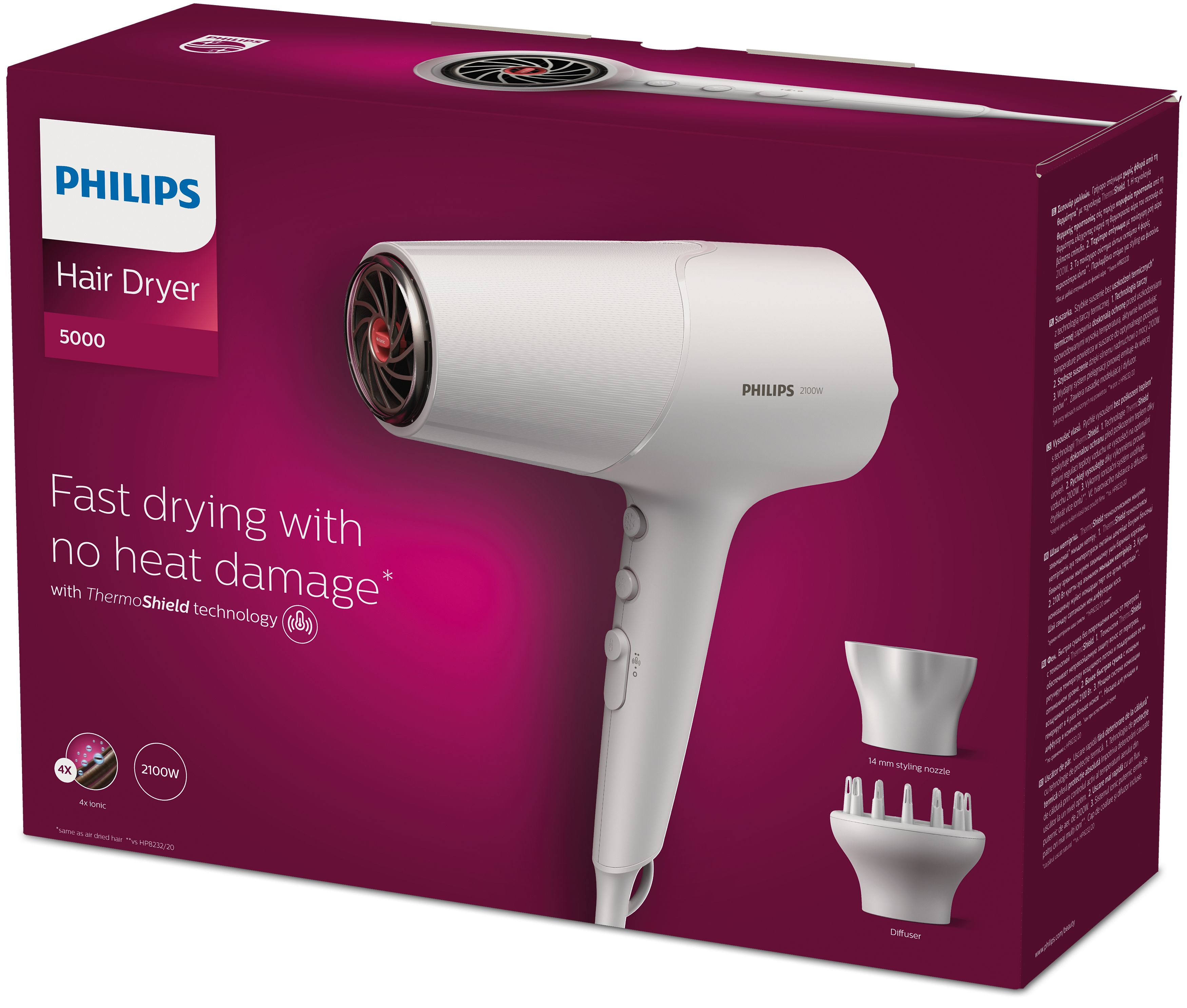 Biało-fioletowa suszarka do włosów Philips w pudełku. Akcesoria widoczne na dole.