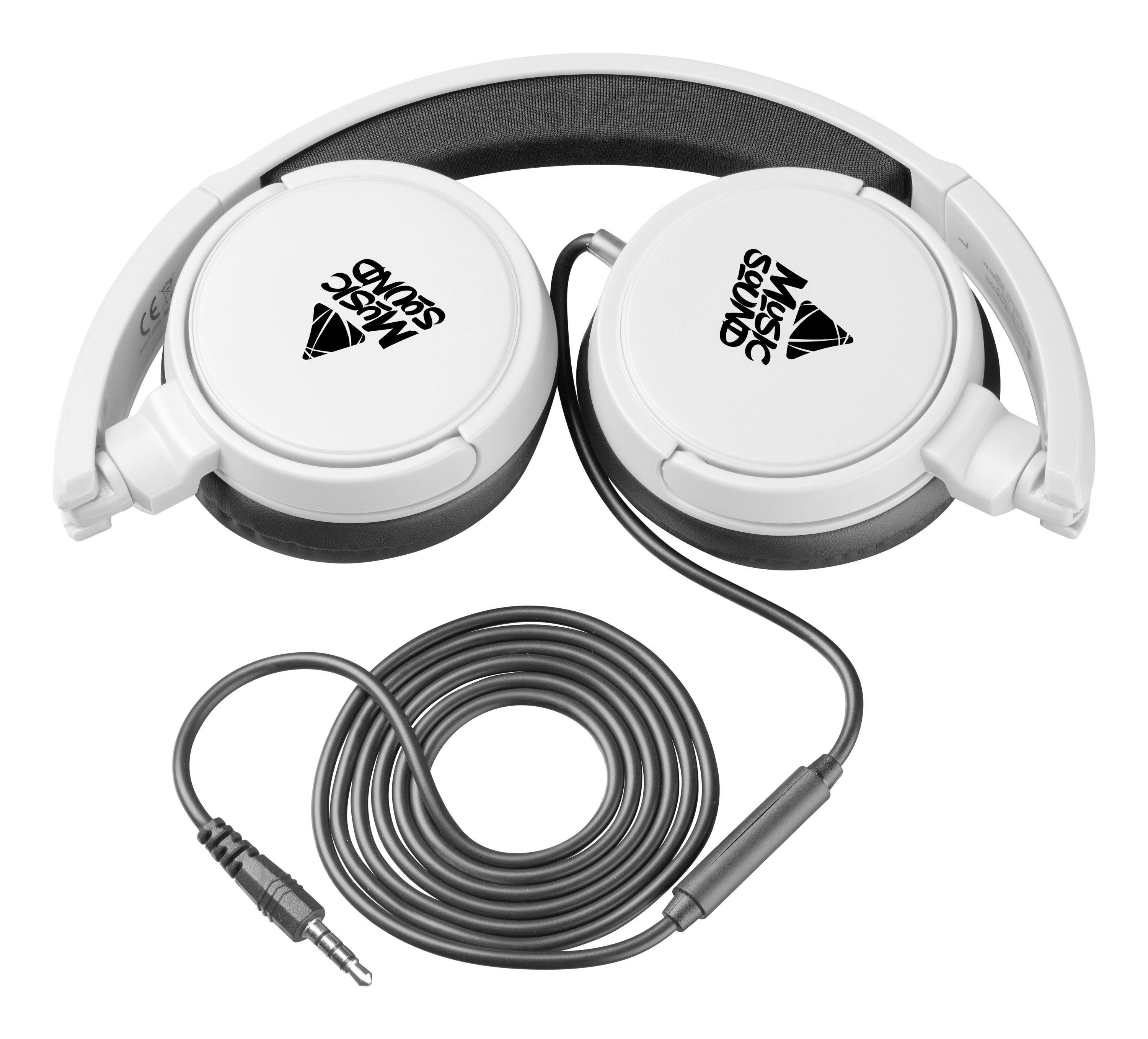 Białe słuchawki z szarymi akcentami i czarnym kablem na białym tle.