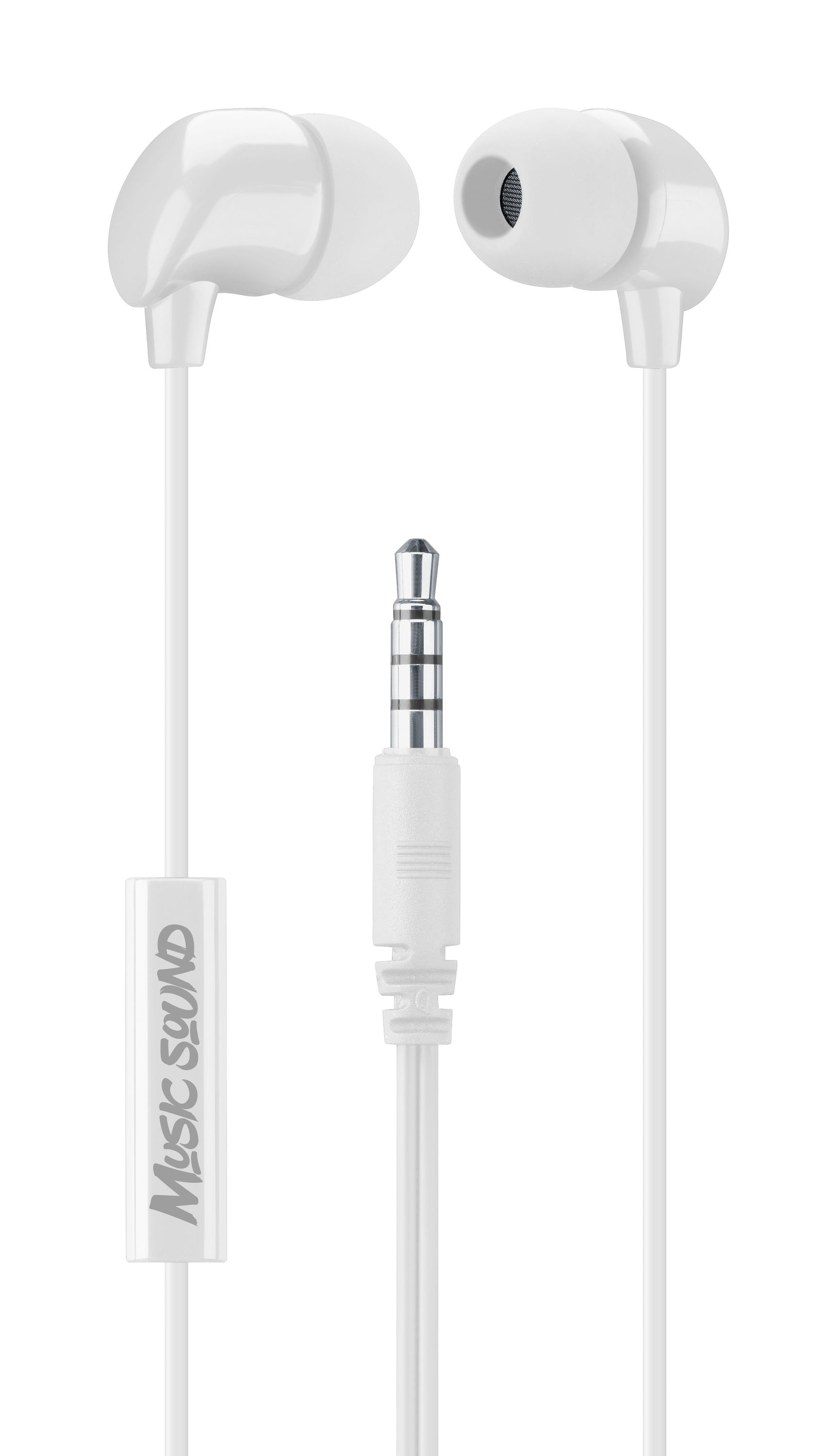 Auricolari bianchi con microfono e jack da 3,5 mm, isolati su sfondo bianco.
