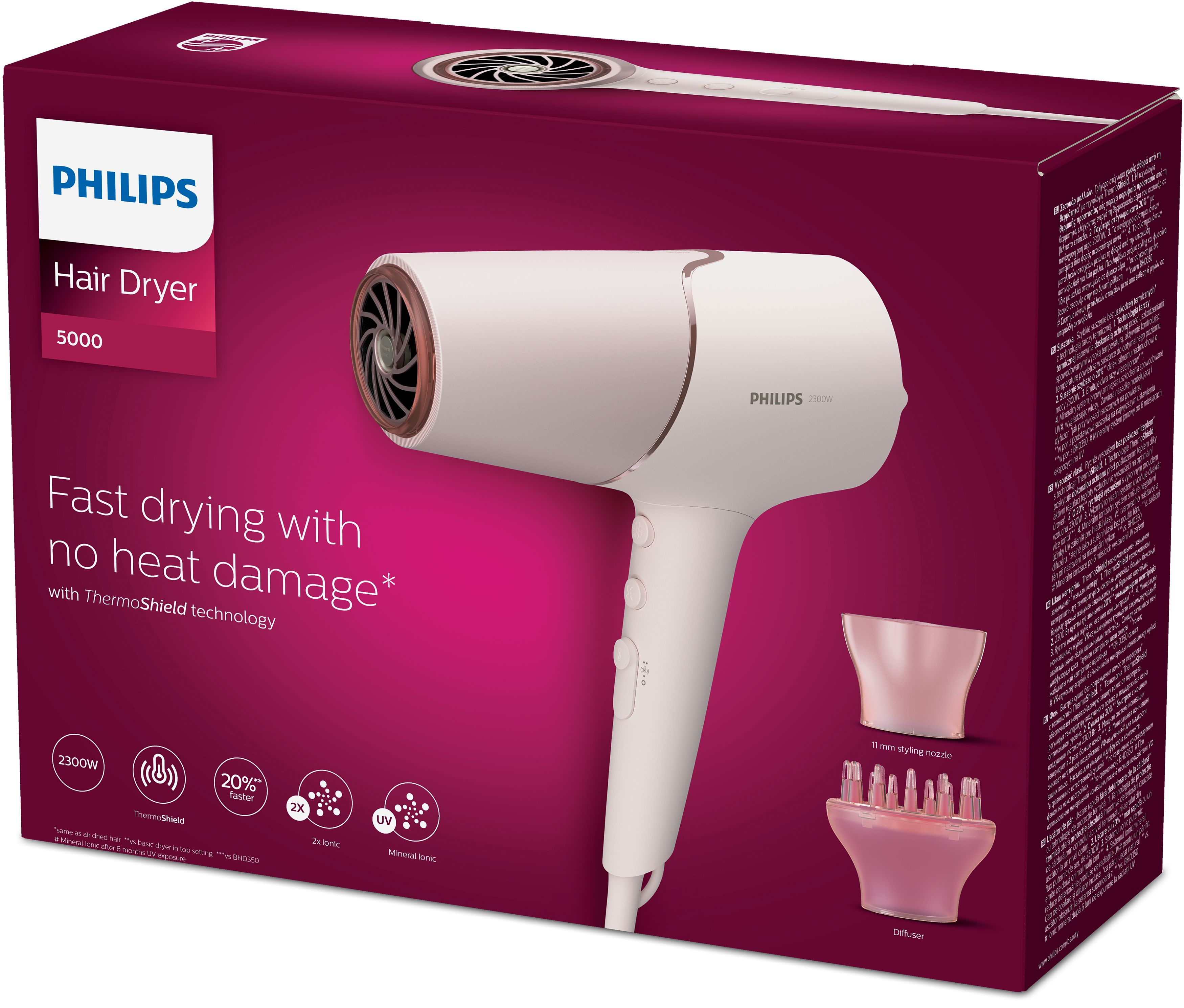 Caja con secador de pelo Philips blanco, modelo 5000, con accesorios. Está sobre una superficie rosa.