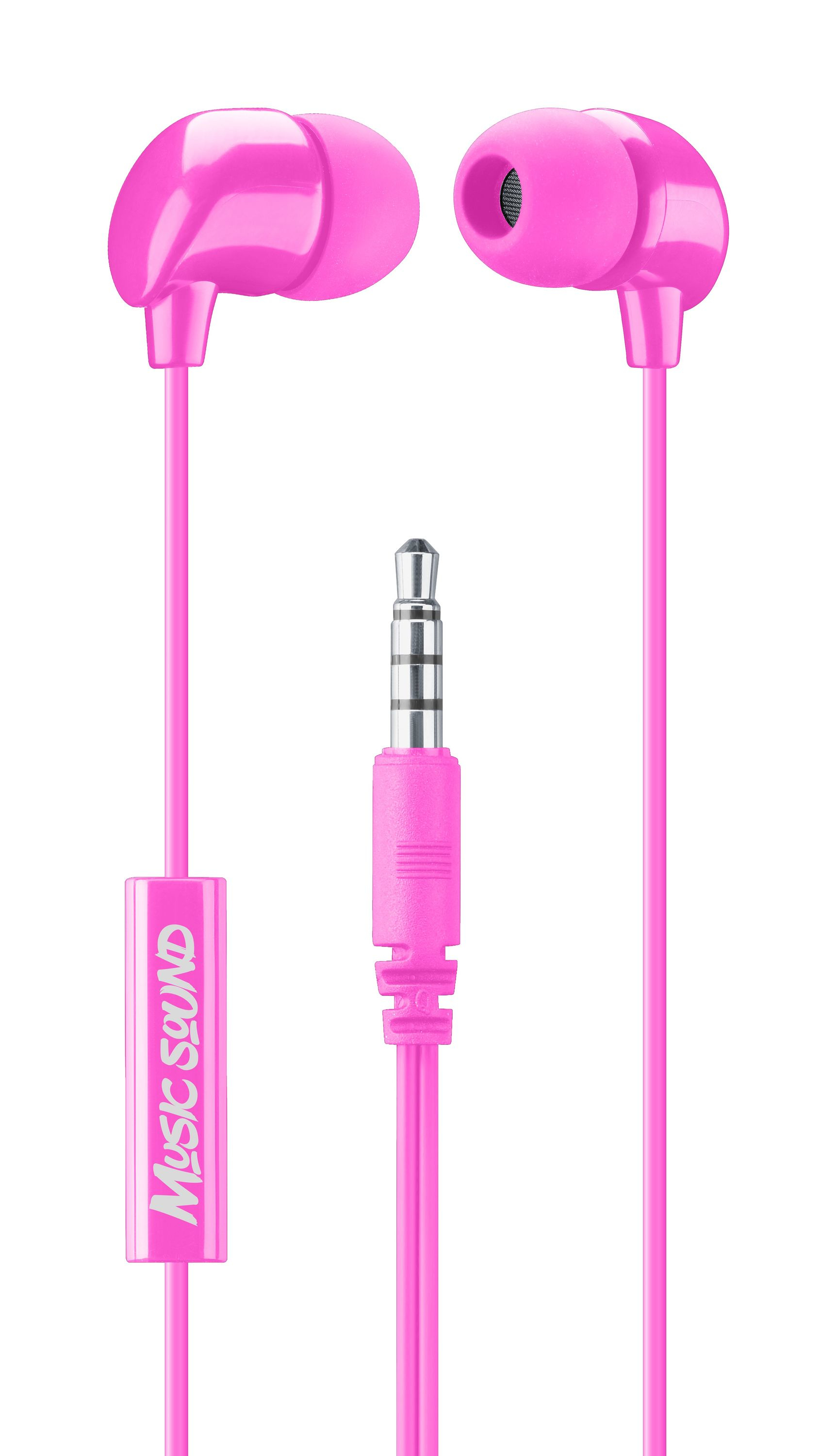 Pinke Kopfhörer mit pinkem Kabel. Das Kabel hat eine kleine pinke Box mit der Aufschrift 'MUSIC SOUND'.