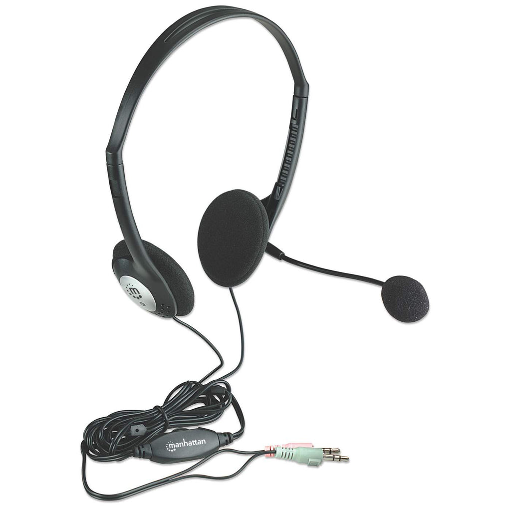 Schwarz-silbernes Headset mit Mikrofon. Es hat zwei Ohrmuscheln und ein Kabel. Weißer Hintergrund.