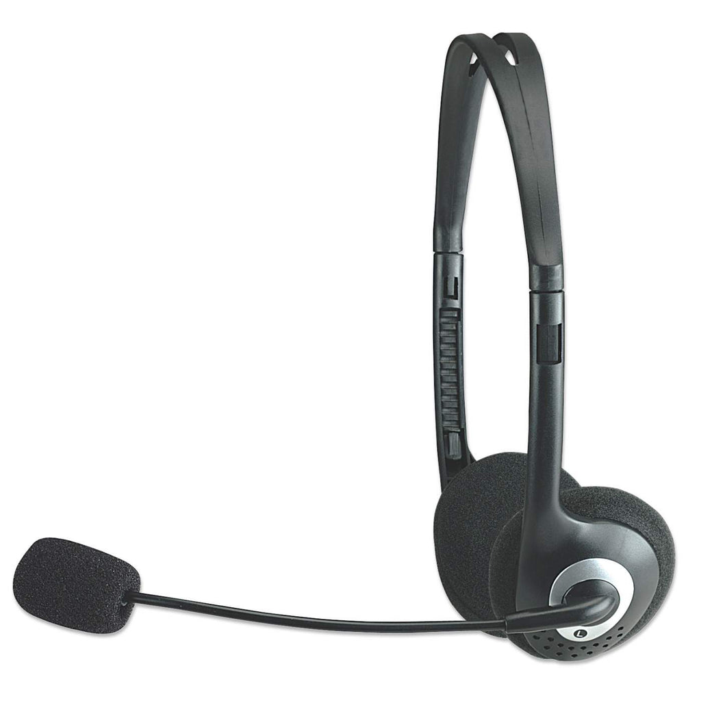 Schwarzes Headset mit Mikrofon. Einfaches Design mit Ohrmuscheln und verstellbarem Bügel.