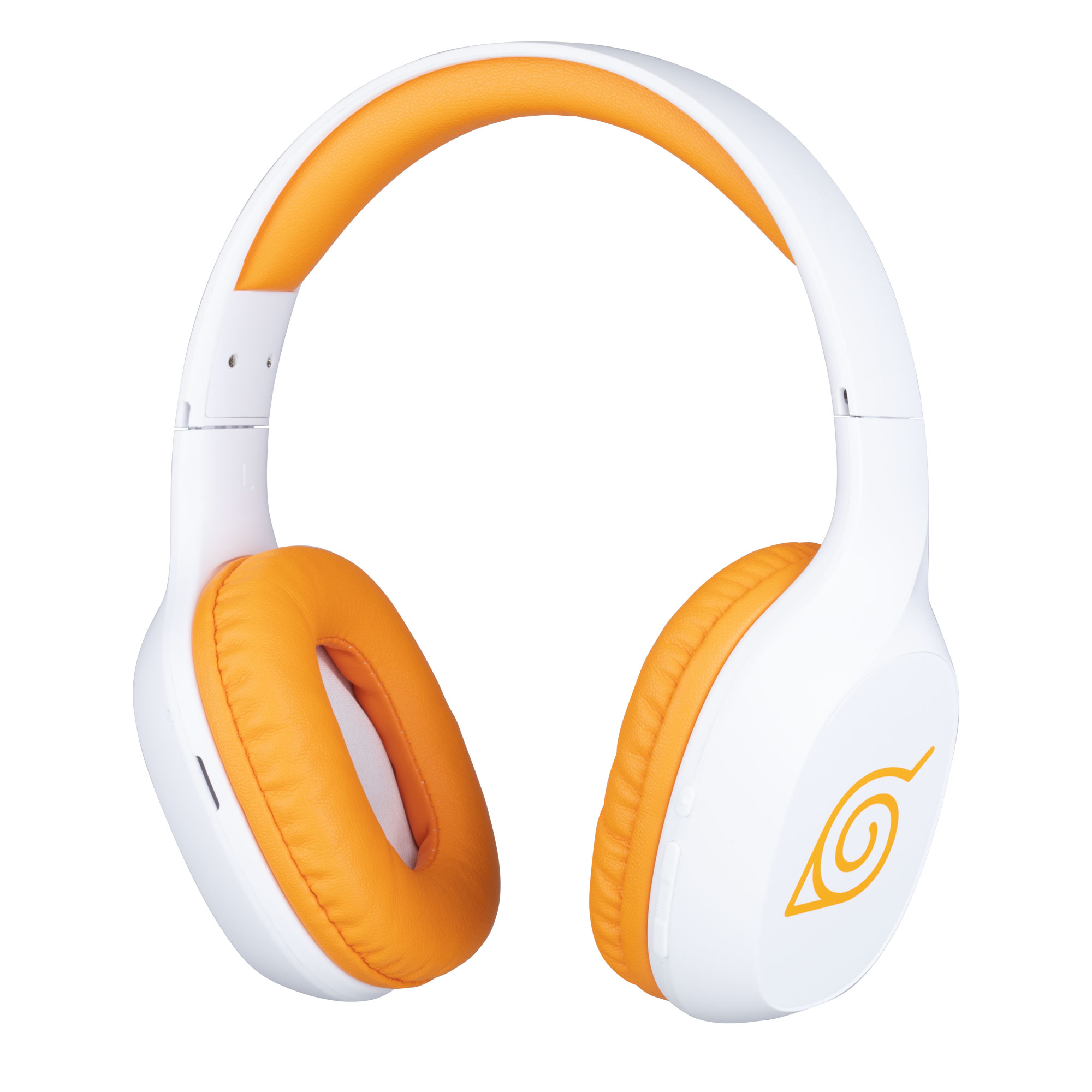 Witte en oranje Naruto-hoofdtelefoon. De hoofdband en oorschelpen zijn wit, met oranje accenten.