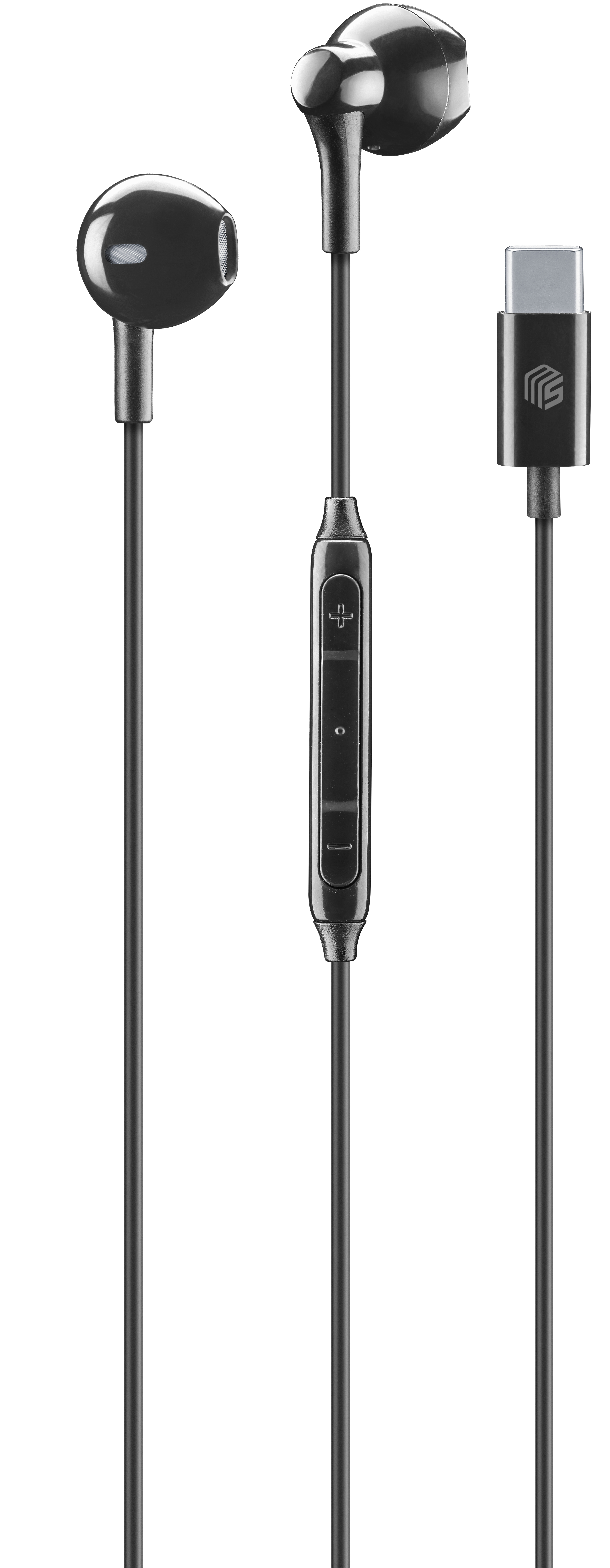 Schwarze Ohrhörer mit Bedienfeld und USB-C-Anschluss. Weißer Hintergrund.