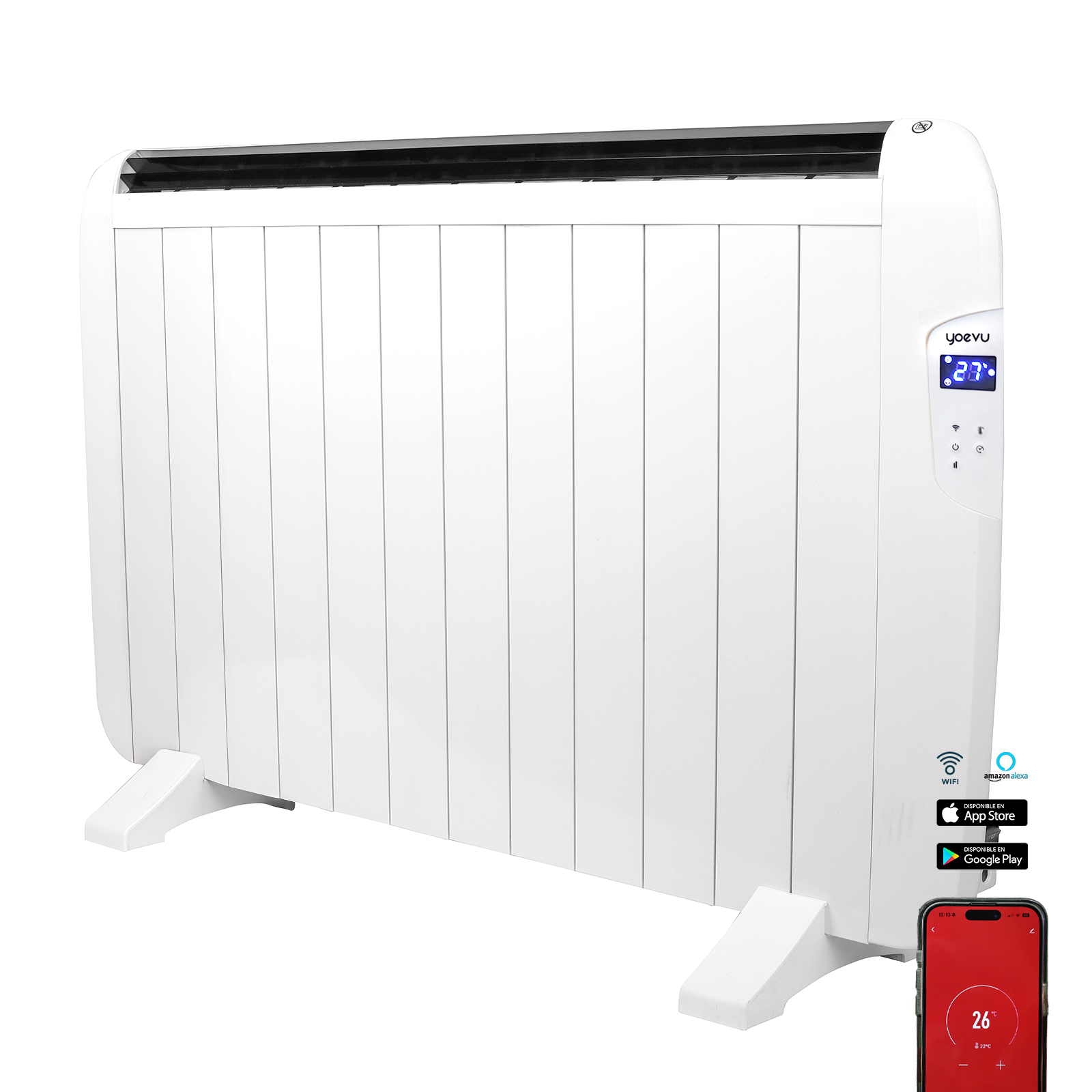 Radiador eléctrico blanco con pantalla digital, mostrando temperatura. Teléfono con interfaz.