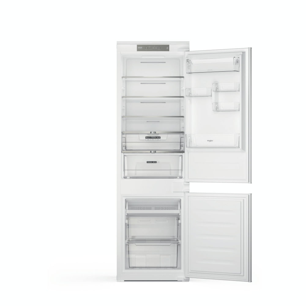Un frigorífico blanco con las puertas abiertas, mostrando los estantes y compartimentos interiores.