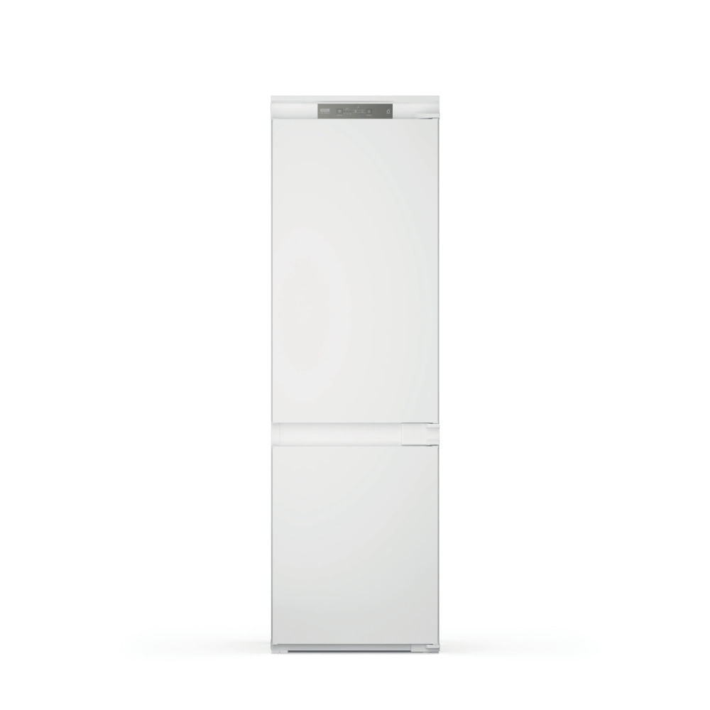 Refrigerador blanco, con congelador en la parte inferior y pantalla digital en la parte superior.