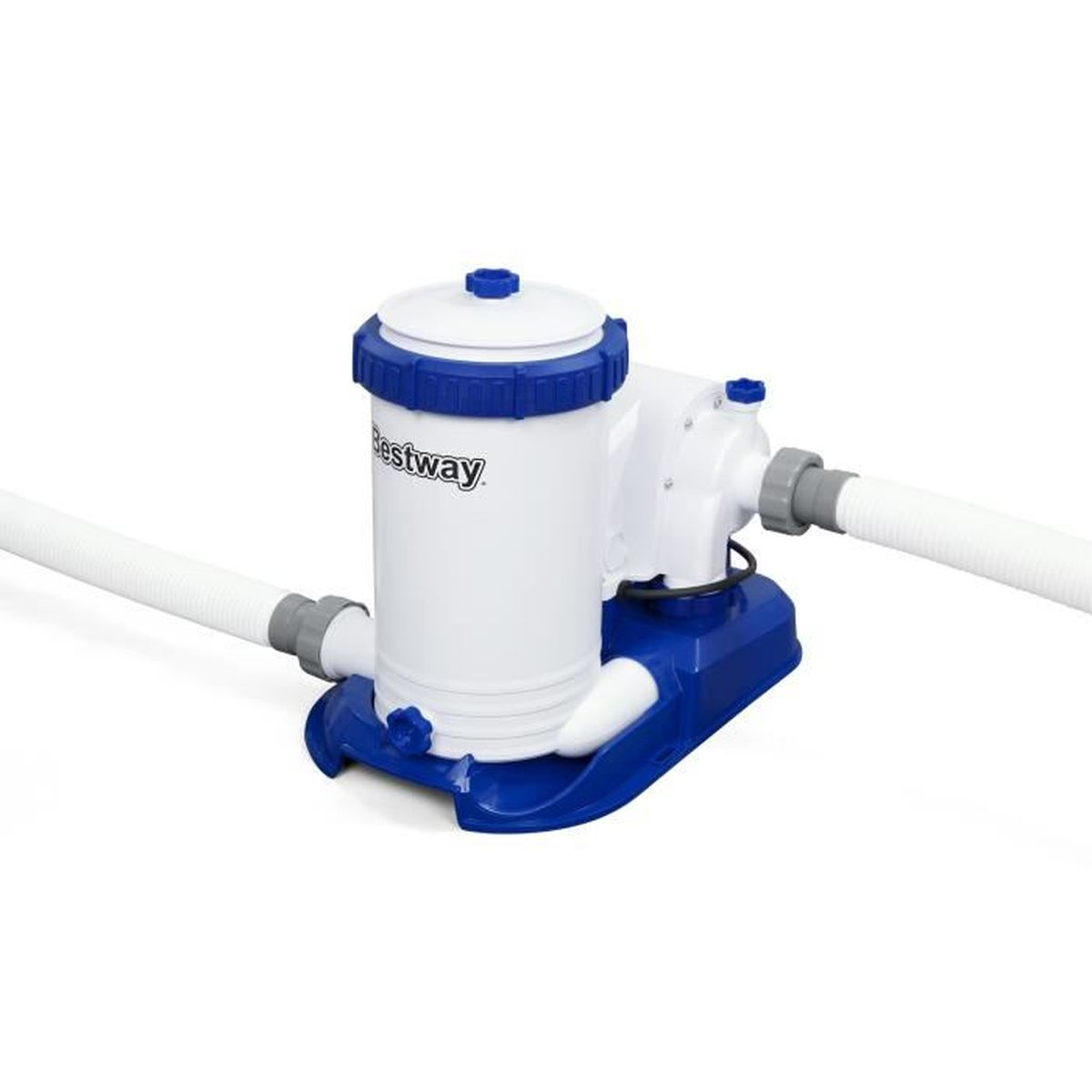 Weiß-blaues Bestway-Poolfiltersystem. Enthält einen weißen zylindrischen Filter und zwei weiße Schläuche.
