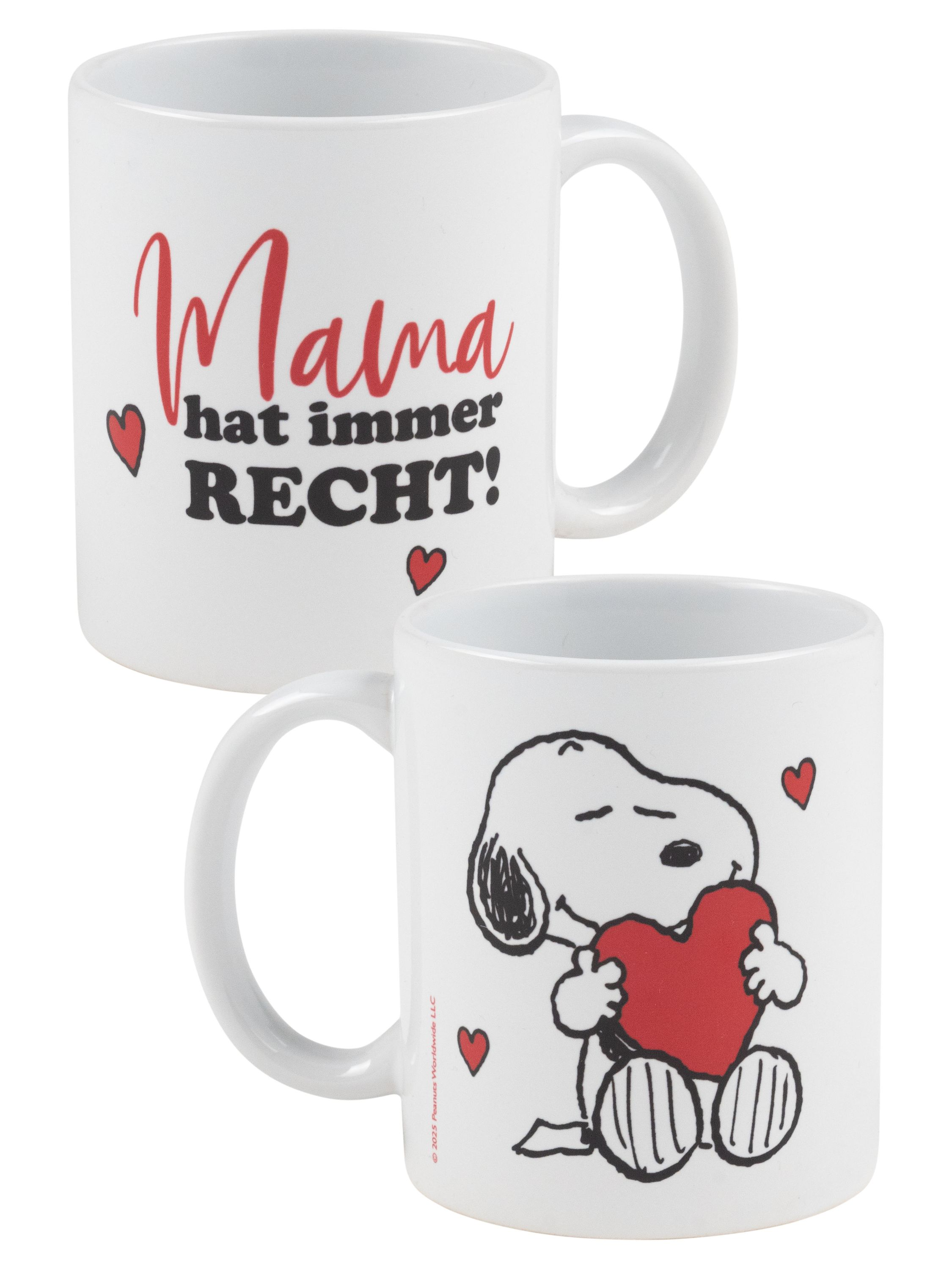 Zwei weiße Tassen mit Snoopy und den Worten 'Mama hat immer RECHT!' und Herzen darauf.