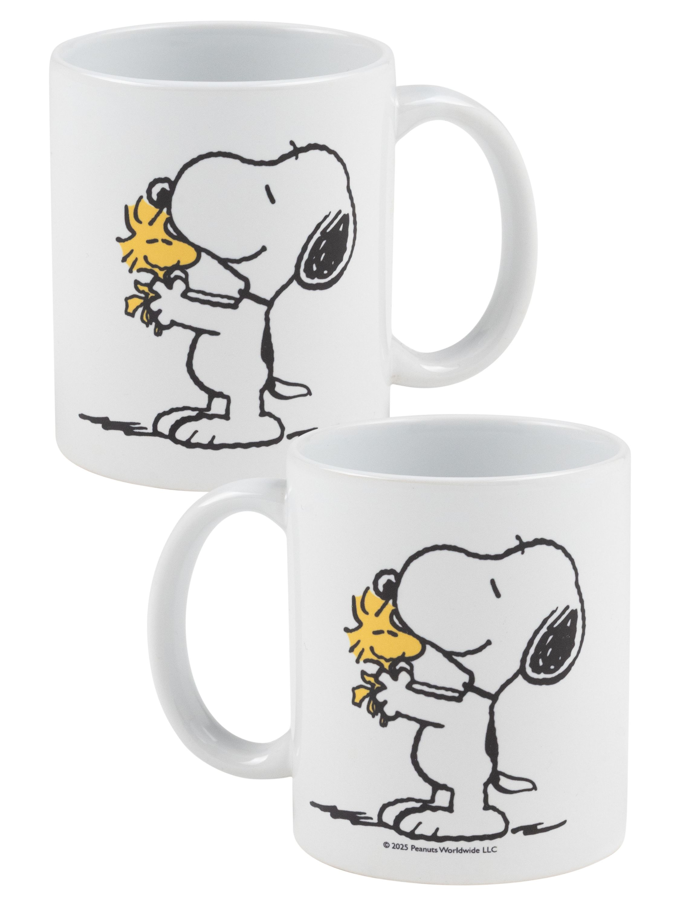 Zwei weiße Tassen mit Snoopy, der Woodstock hält. Die Tassen stehen auf weißem Hintergrund.