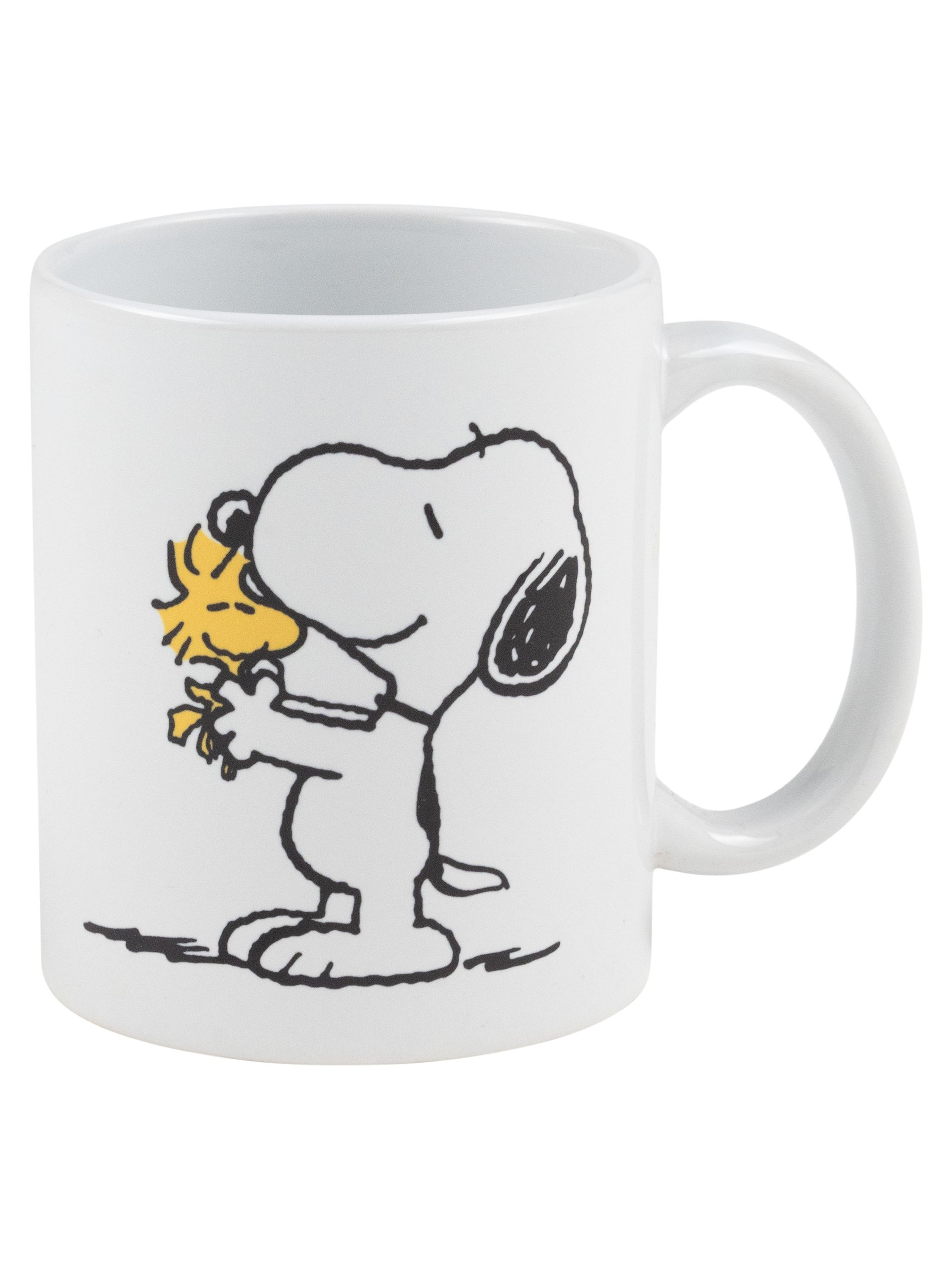 Weiße Tasse mit Snoopy und Woodstock beim Umarmen. Schwarze Umrisse, weißer Hintergrund.