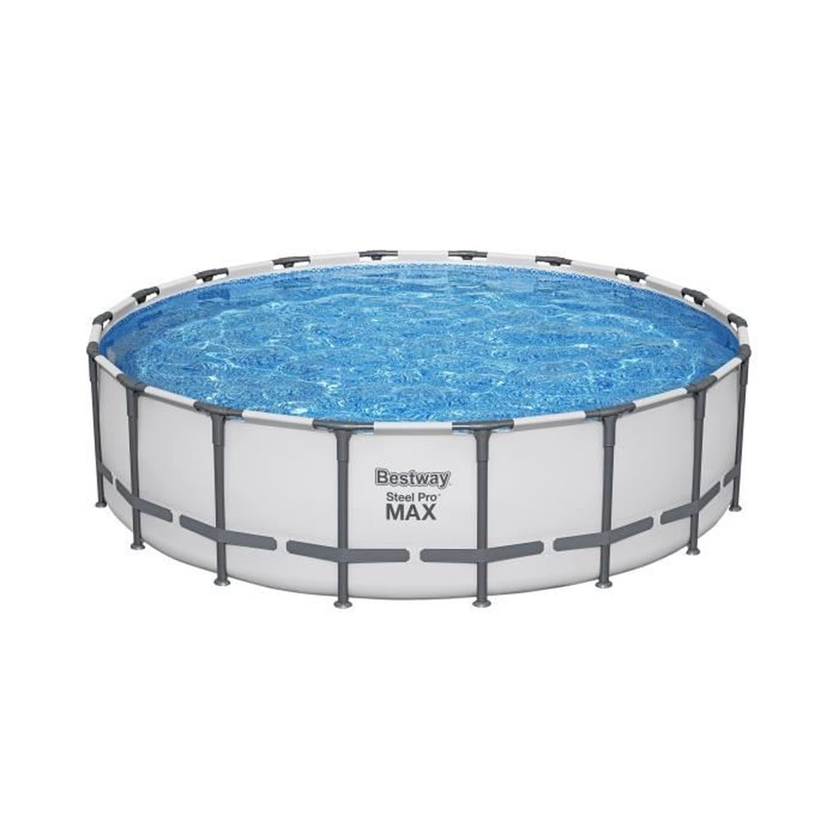 Runder, oberirdischer Swimmingpool mit blauem Wasser gefüllt. Weißer Rahmen mit schwarzen Stützen.