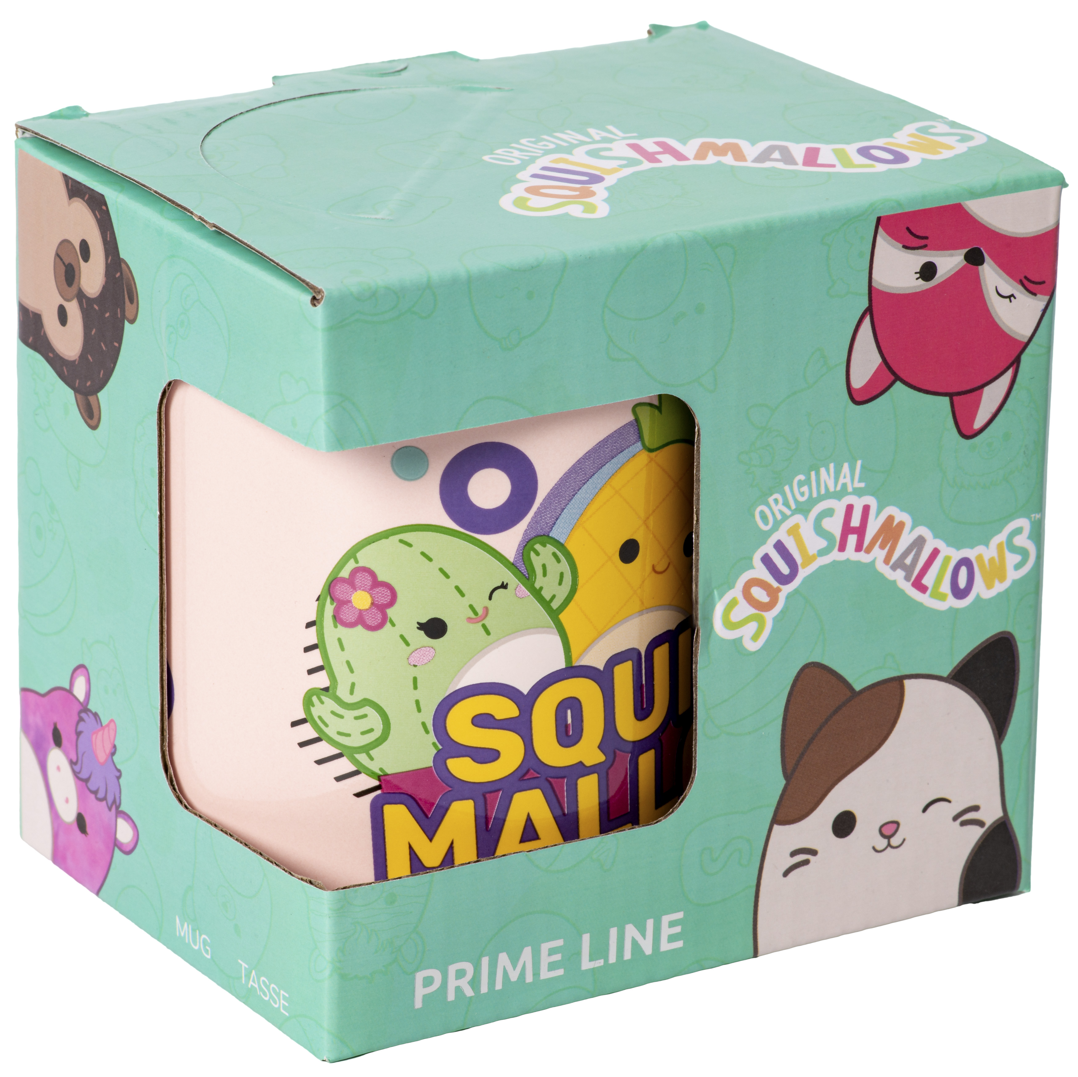 Eine Squishmallows-Tasse im Karton mit Kaktus, Ananas und Fuchsbild.