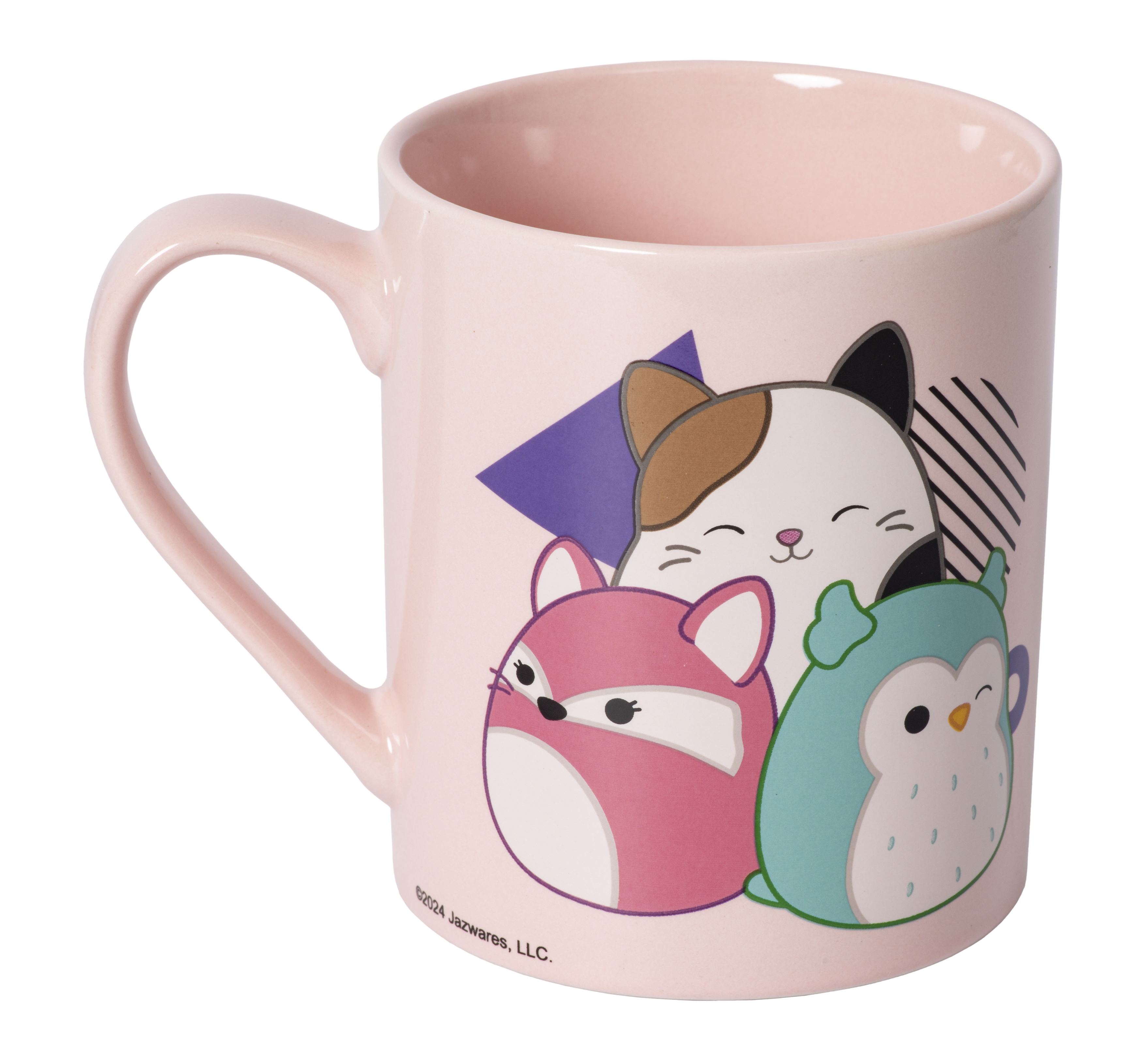 Eine rosa Tasse mit Cartoon-Tiergesichtern. Eine Katze, ein Fuchs und eine Eule sind auf der Tasse.