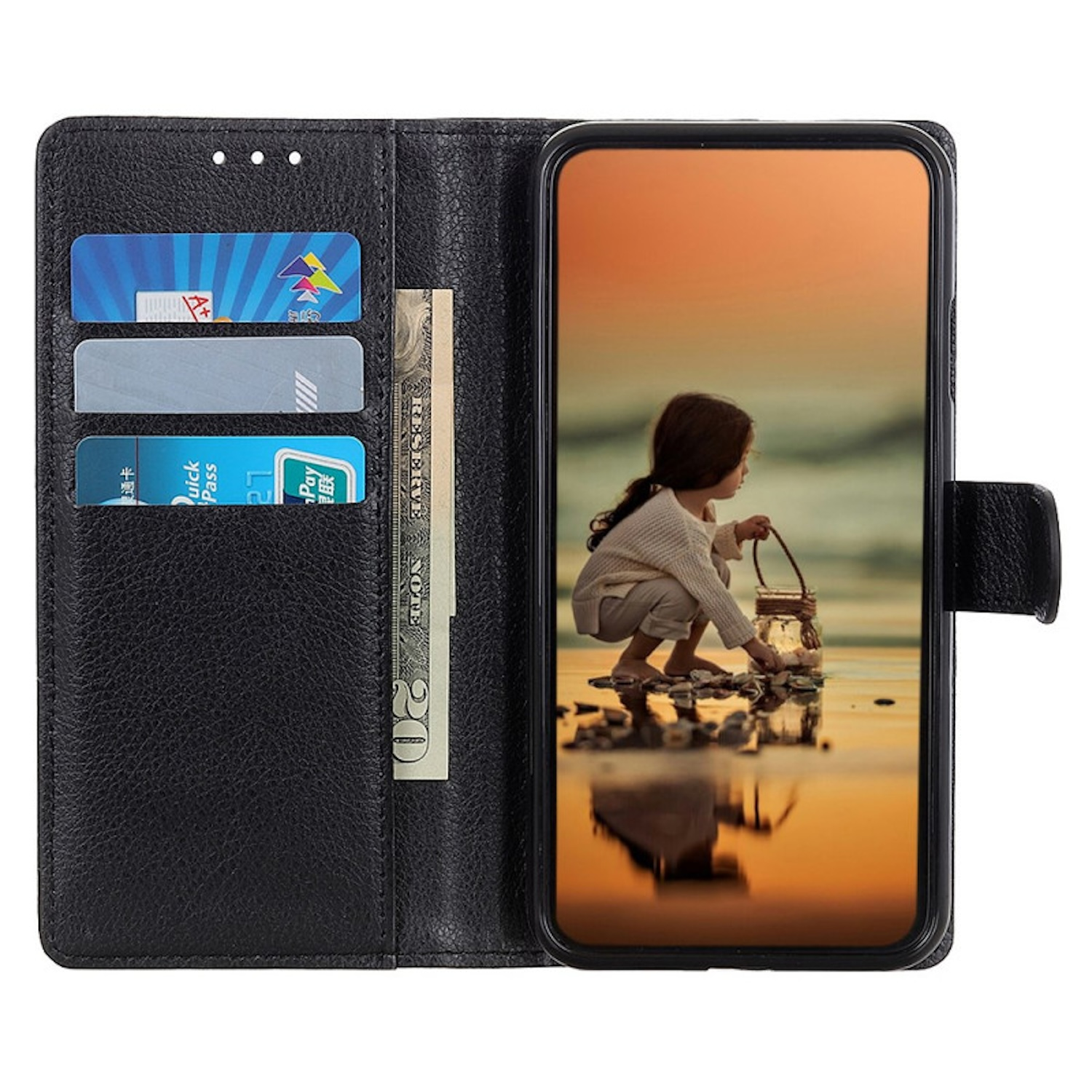 Schwarze Handyhülle wird mit einer Brieftasche geöffnet. Der Bildschirm zeigt ein Mädchen am Strand.