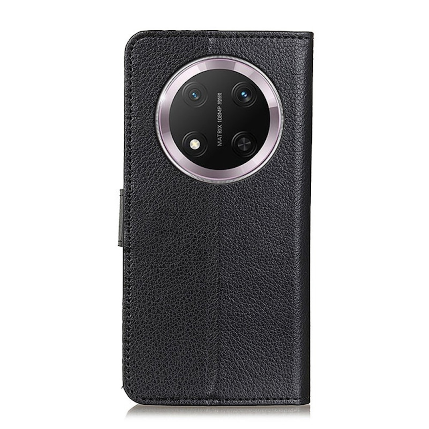 Schwarze Leder-Handyhülle mit Kamera auf der Rückseite. Das Telefon ist innen, die Hülle geschlossen.
