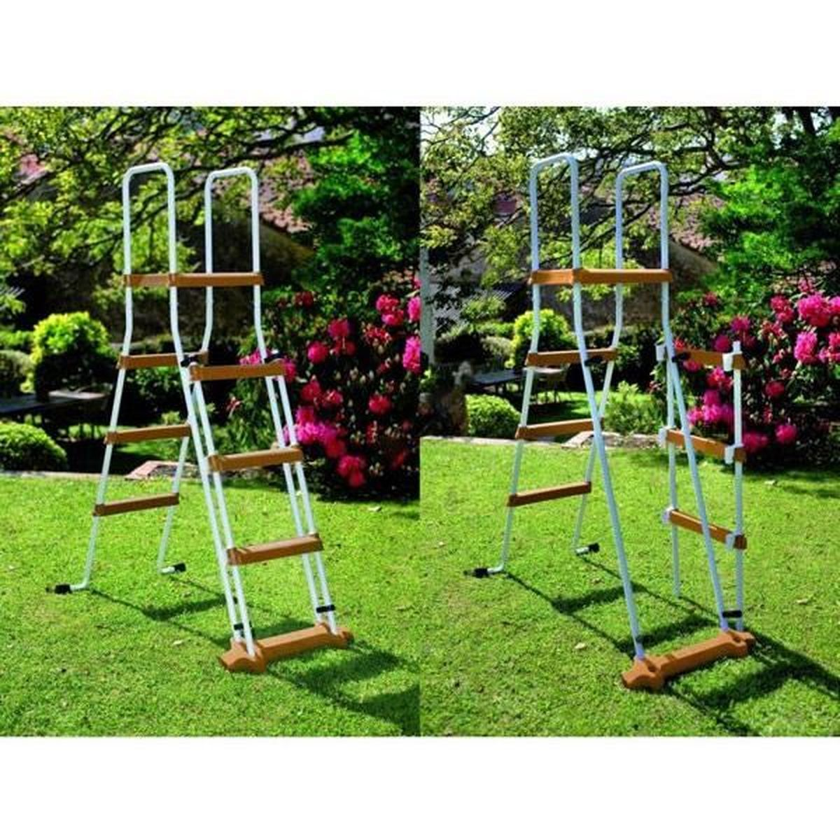 Zwei Poolleitern im Garten, weiße Rahmen, braune Stufen, auf grünem Rasen.