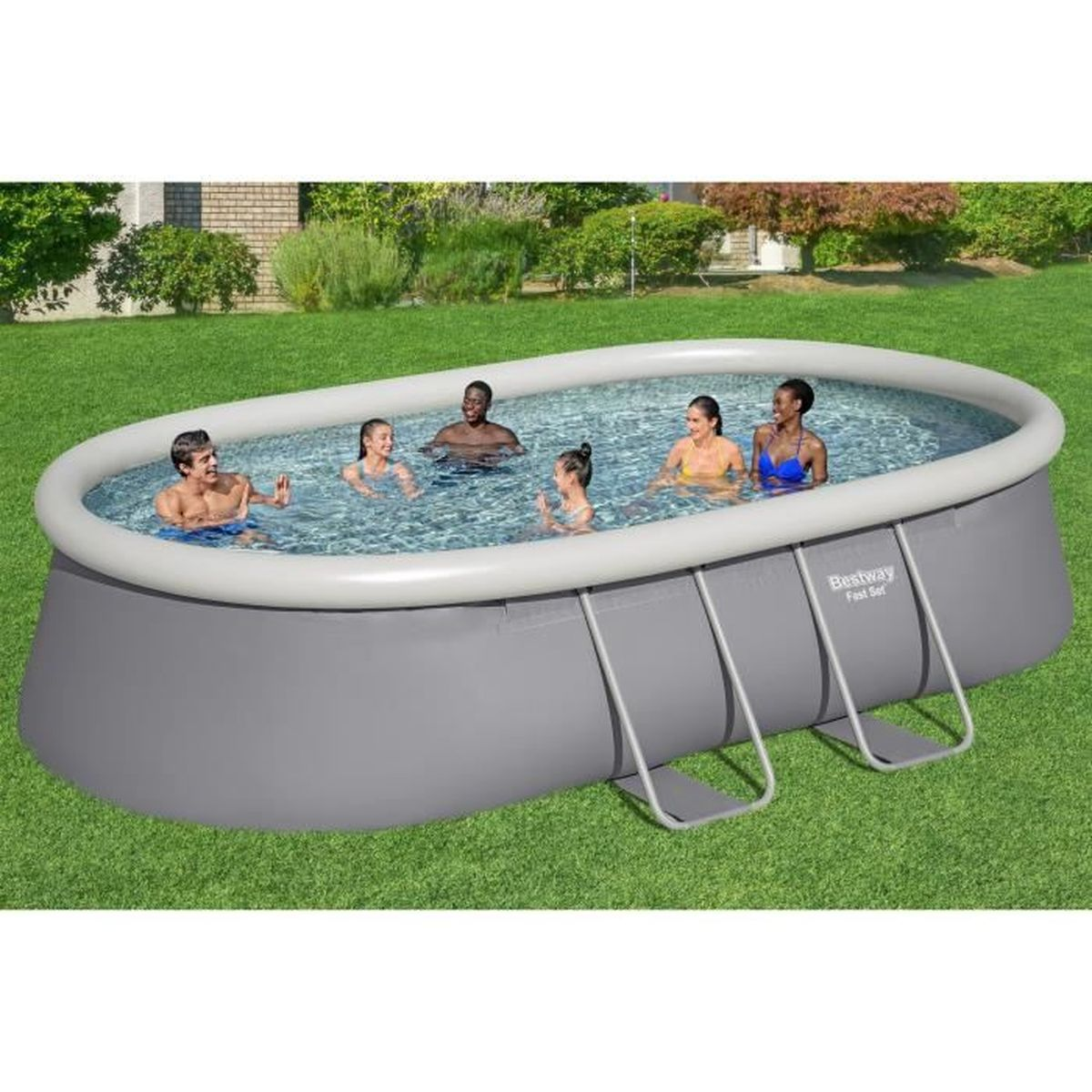 Ovaler Aufstellpool mit schwimmenden Personen. Graue Seitenwände, blaues Wasser.