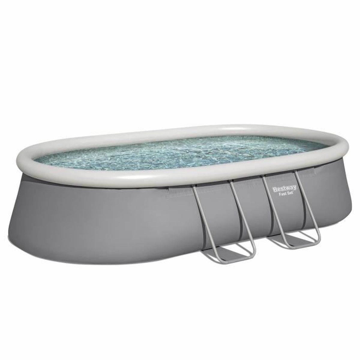 Graues Aufstellbecken mit Wasser. Weißer Rand und Treppen. Auf weißem Grund isoliert.