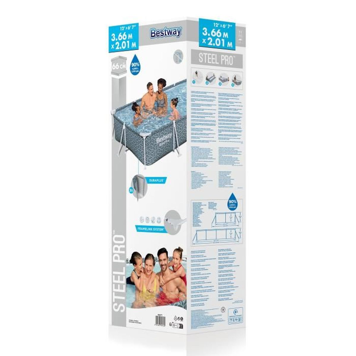 Une boîte d'une piscine Steel Pro avec une image de famille.