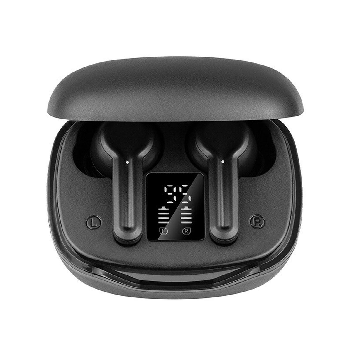 Auricolari wireless neri in custodia di ricarica. Display mostra livelli batteria. Custodia aperta.