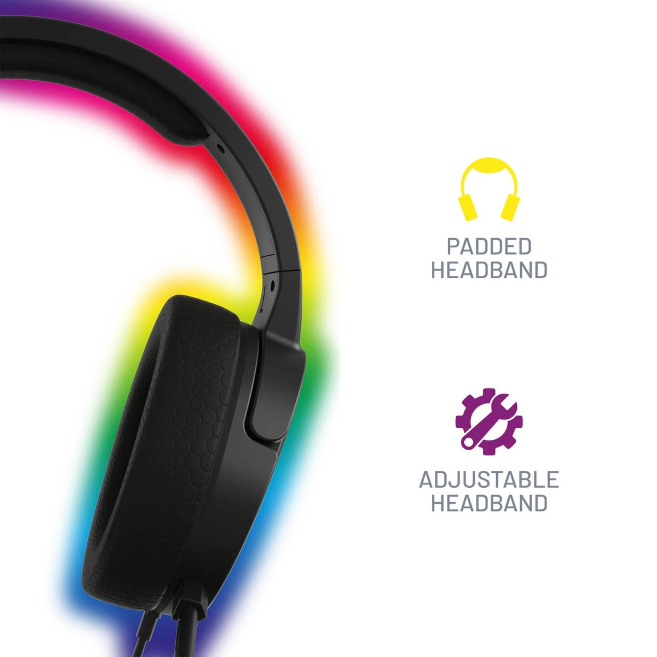 Cuffie con gradiente arcobaleno ed etichette di testo: fascia imbottita e regolabile.