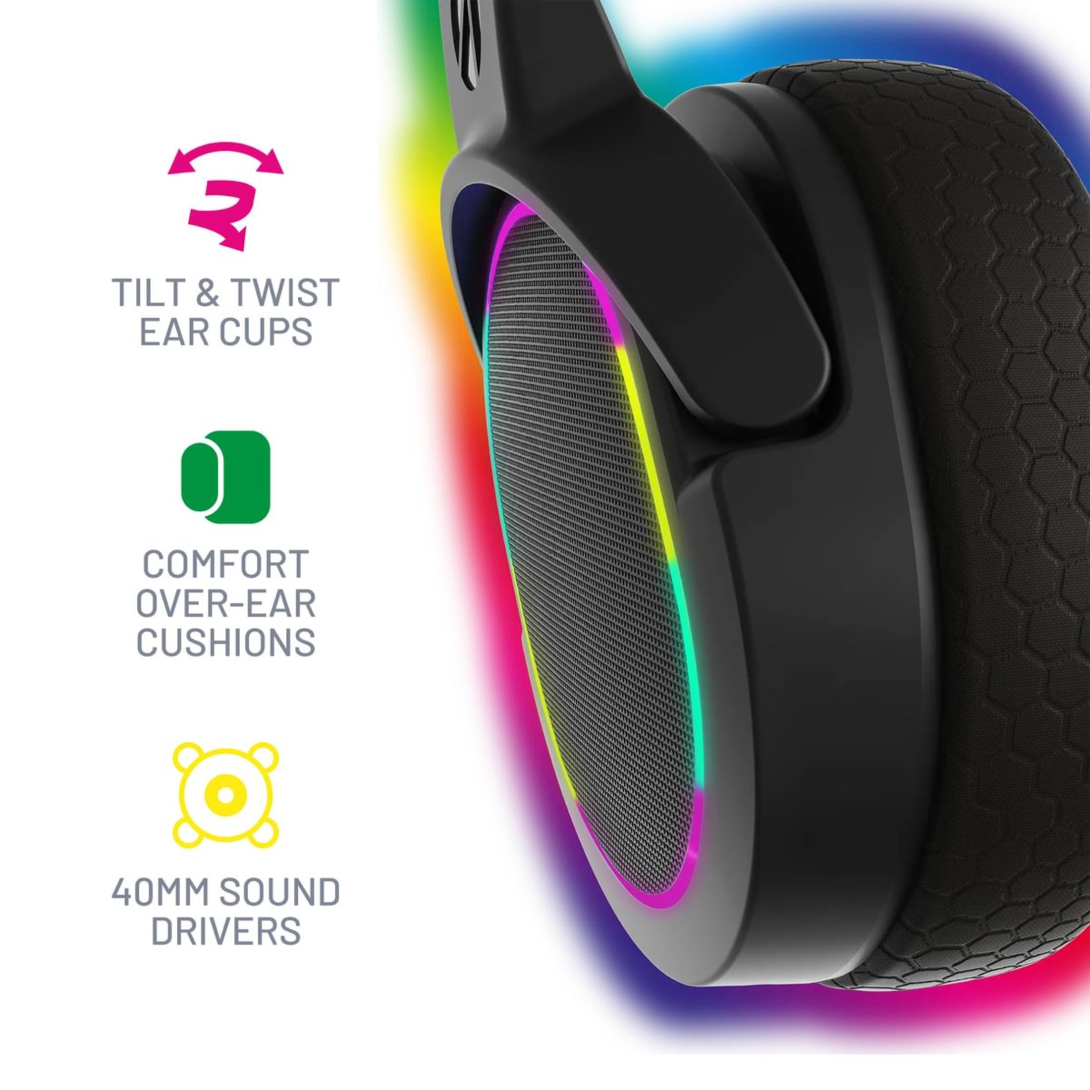 Primo piano di cuffie da gioco con padiglioni testurizzati con accenti LED colorati e imbottitura over-ear.