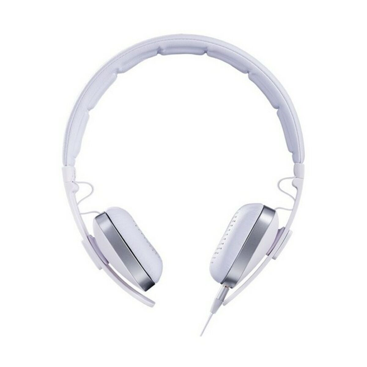 Cuffie bianche con dettagli argentati. I padiglioni sono over-ear e l'archetto è bianco.