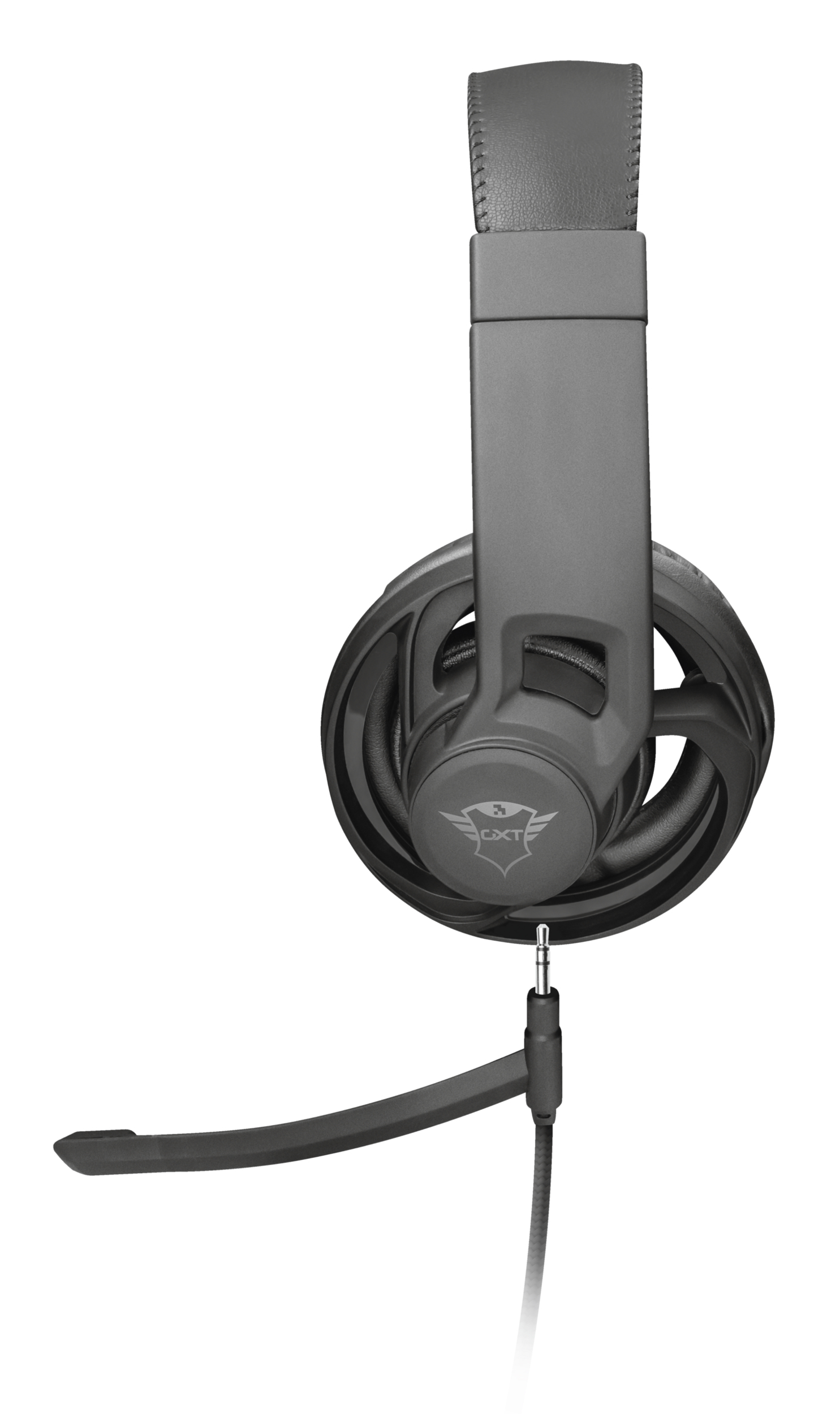Cuffie da gioco nere con microfono, su sfondo bianco.