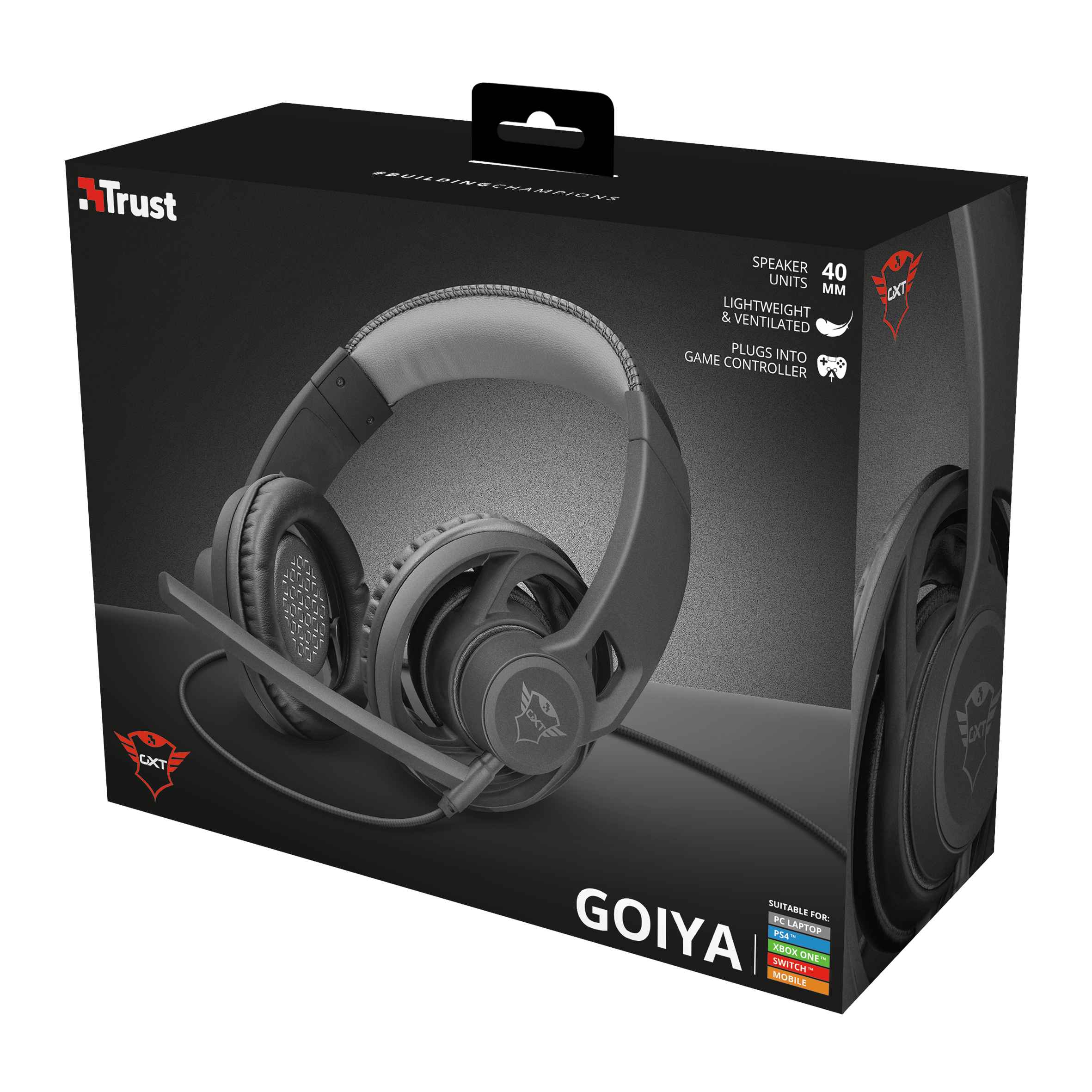 Scatola cuffie gaming, nero e rosso, con dettagli del prodotto.