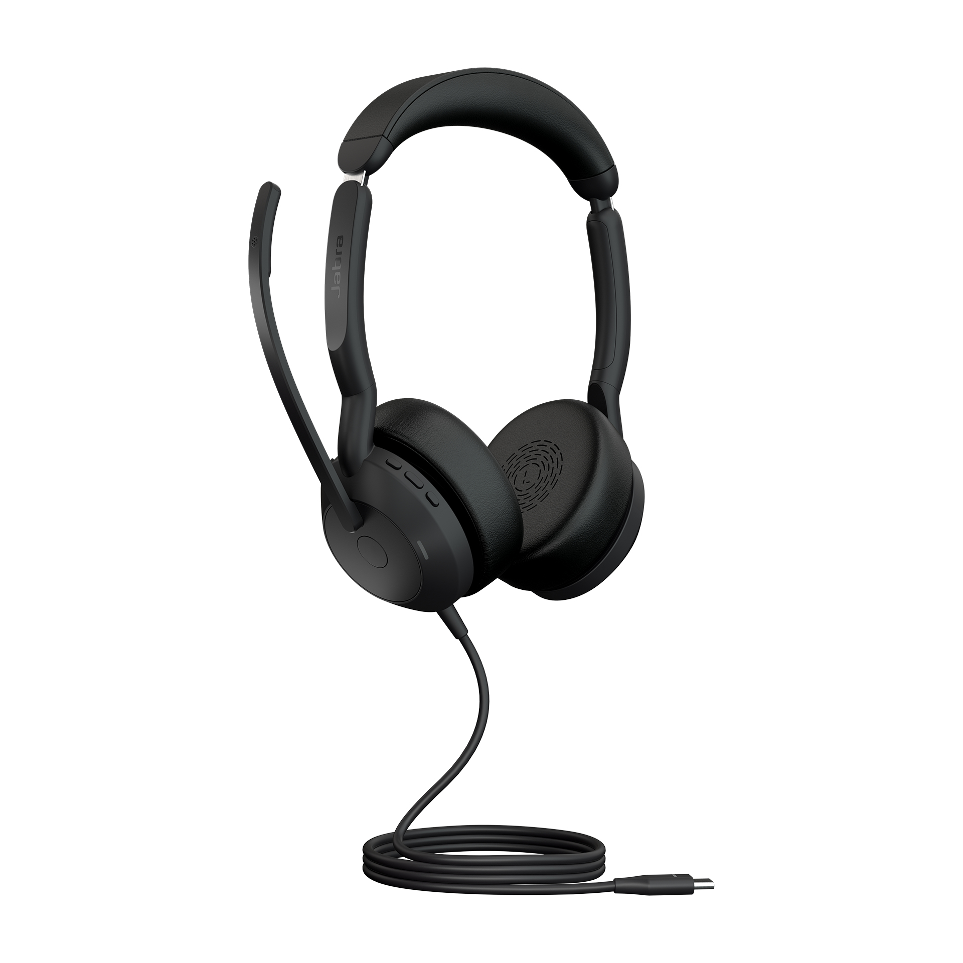 Schwarze Jabra-Kopfhörer mit Mikrofon und USB-Kabel.