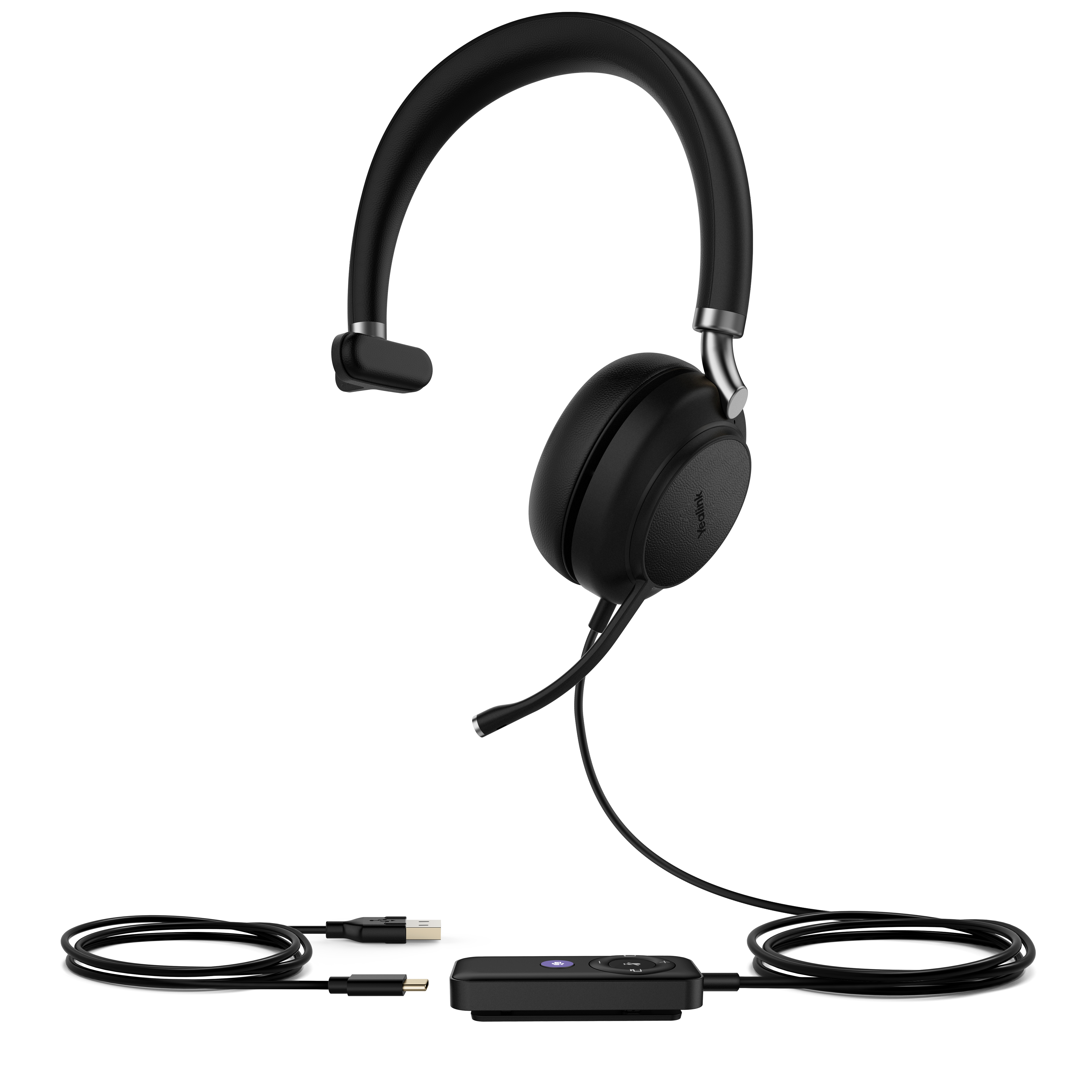 Cuffie nere con microfono e unità di controllo con connettori USB e audio.