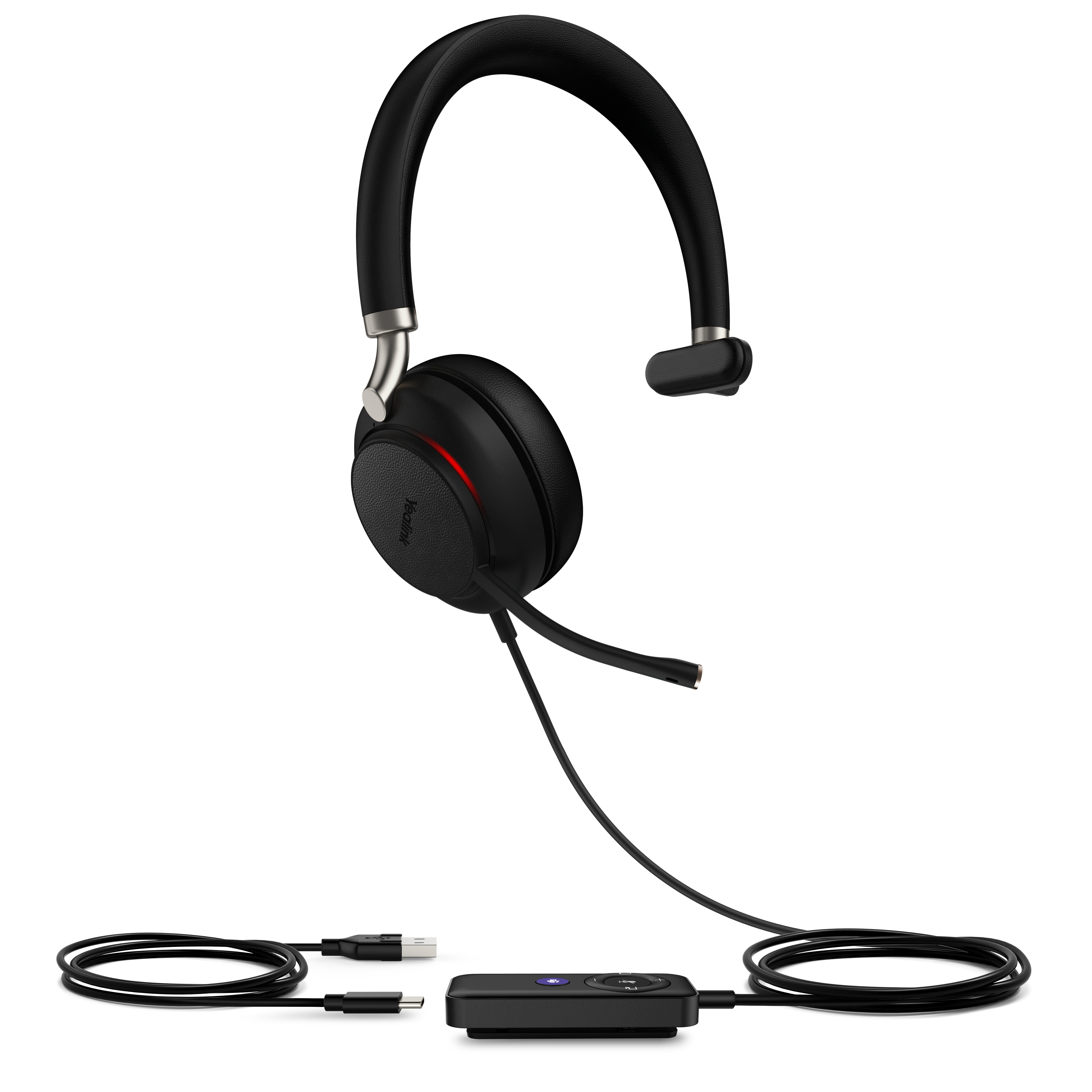 Cuffie Jabra nere con microfono, adattatori USB e USB-C. Base di ricarica nera. Sfondo bianco.