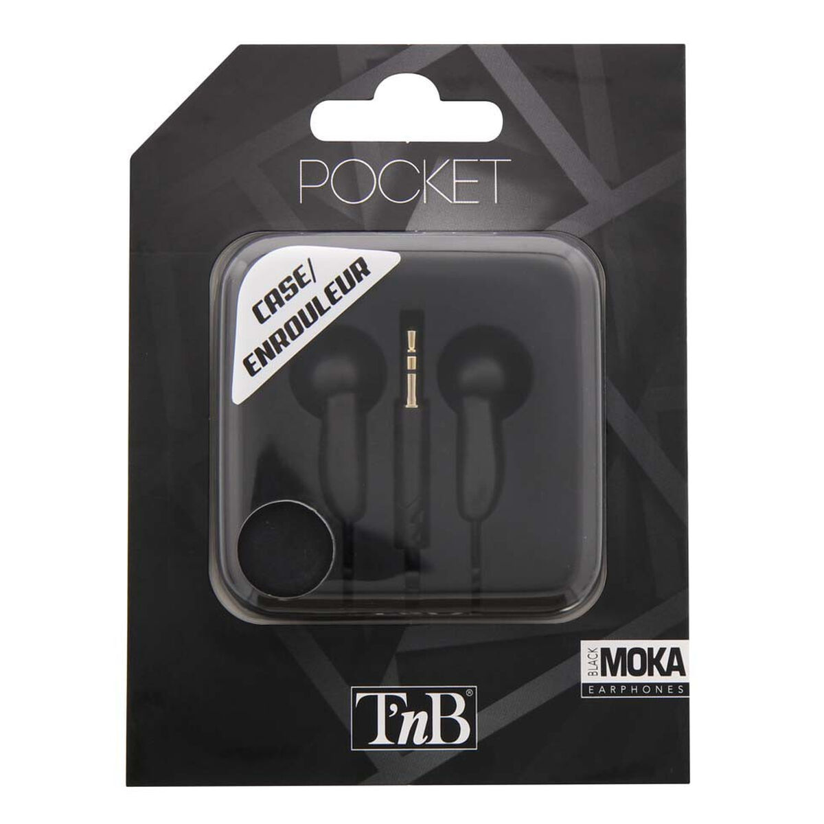Auricolari neri Pocket Case/Enrouleur in confezione trasparente di TNB Moka.