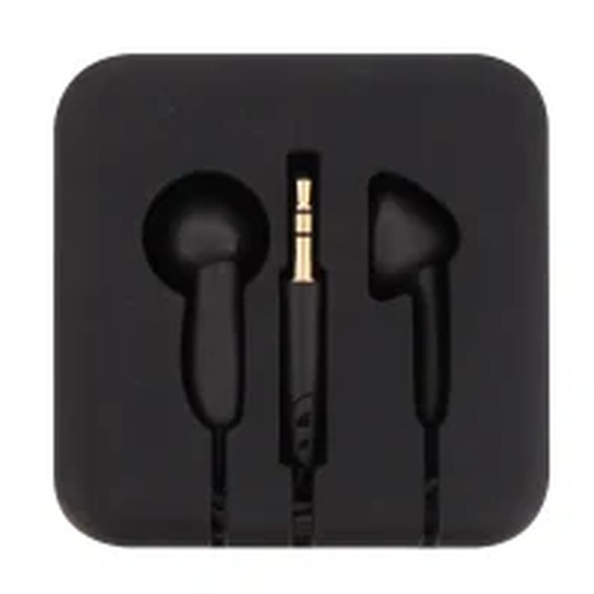 Auricolari neri, jack e connettore in un astuccio quadrato nero.