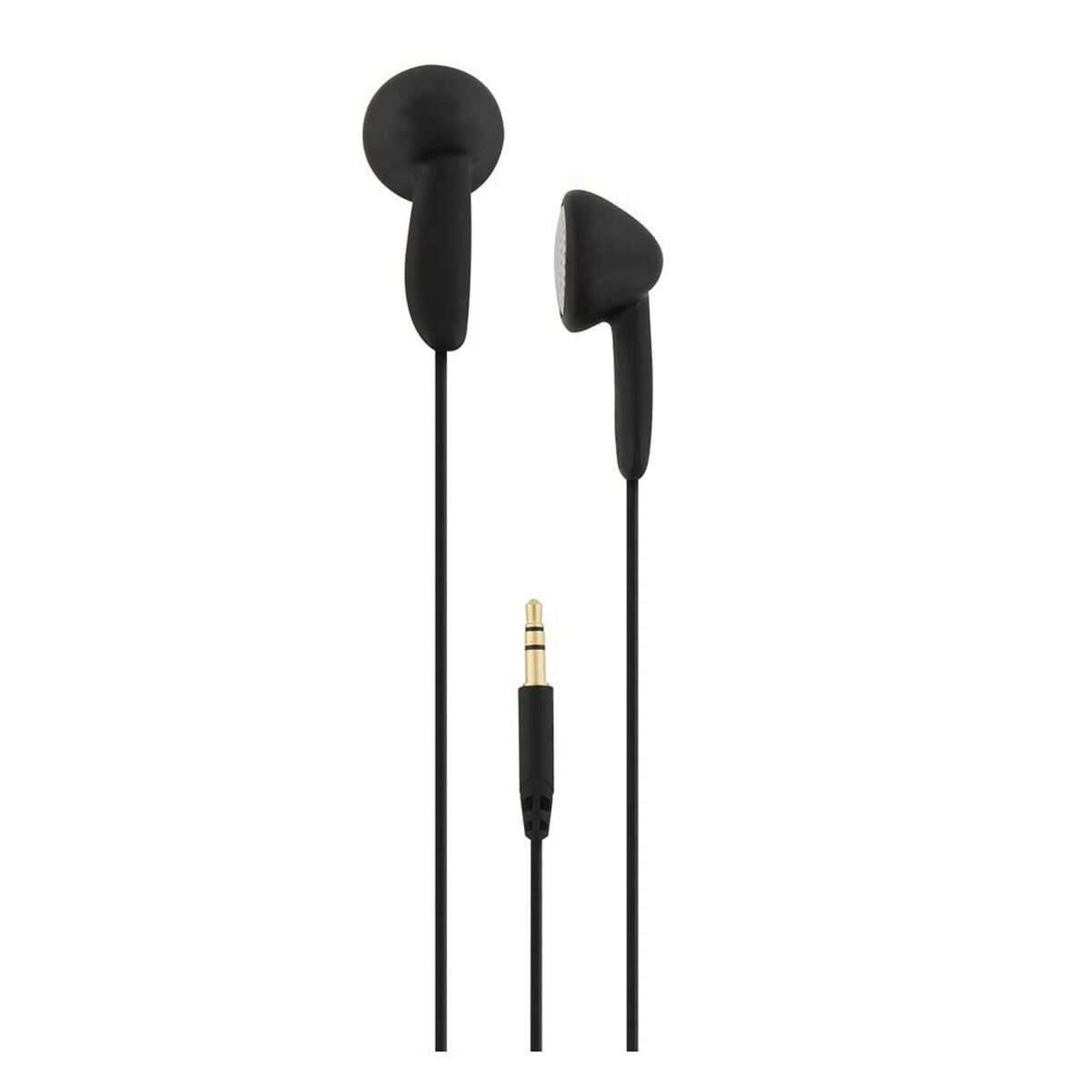 Auricolari neri con jack da 3,5 mm su sfondo bianco.