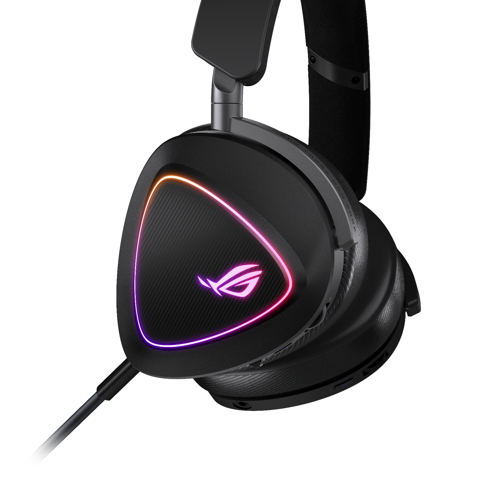 Czarne słuchawki dla graczy ROG. Nauszniczki mają logo ROG z podświetleniem RGB.